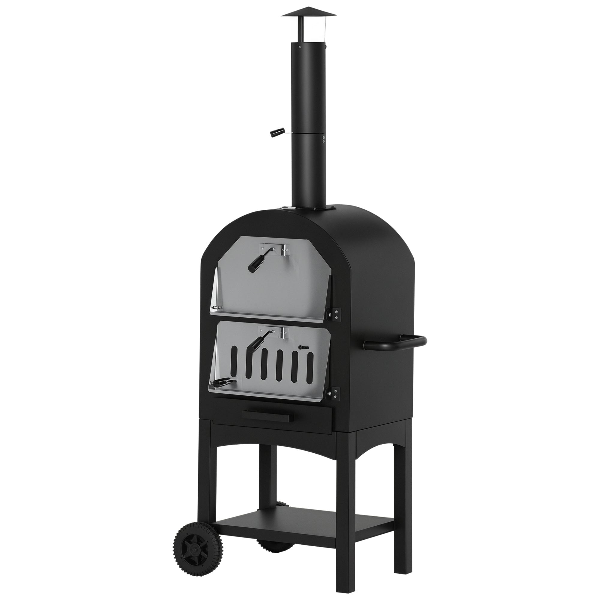 Outsunny 2-In-1 Pizzaofen Outdoor mit Rollen Grillofen mit Schutzhülle Pizzaschaufel 2 Grillnetzen Grillwagen mit Schornstein 3-Tier Holzbackofen für BBQ Stahl Schwarz+Silber 63 x 54 x 161 cm