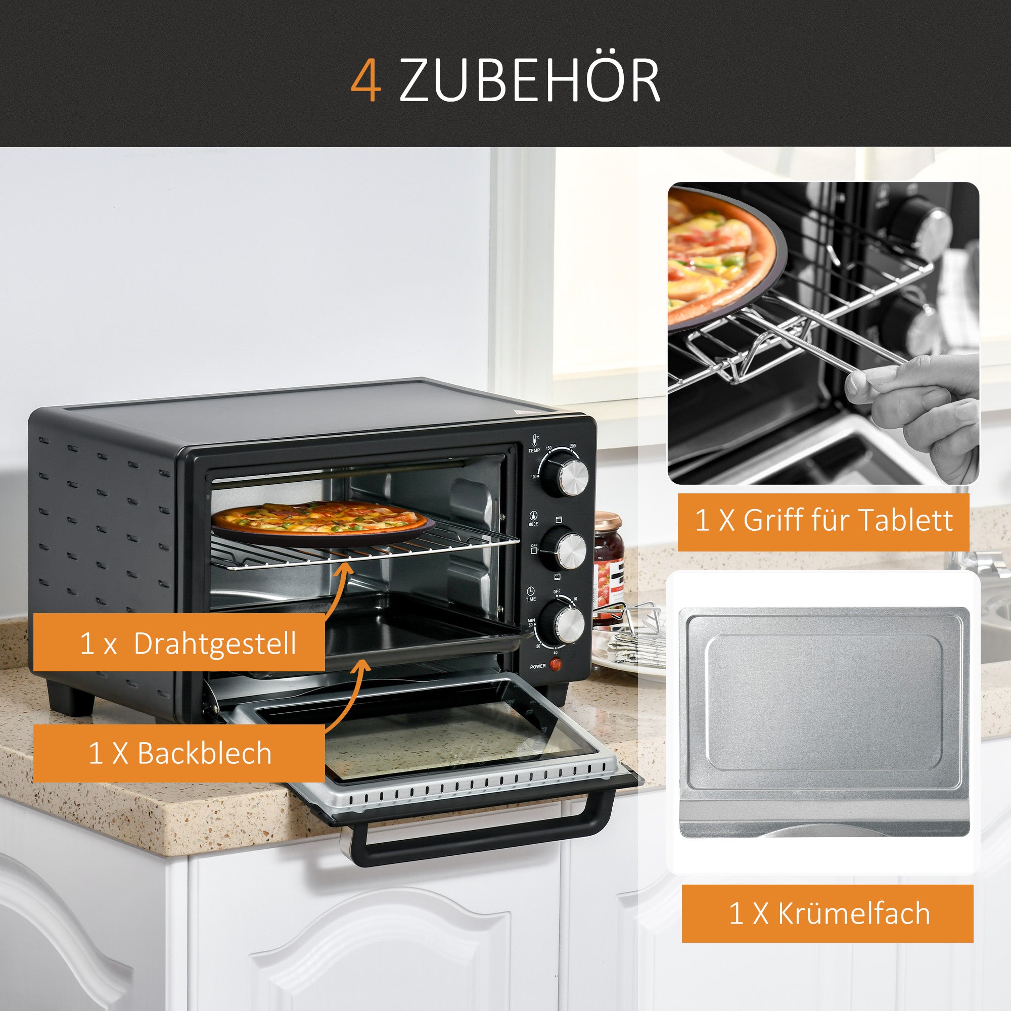 HOMCOM Minibackofen, 21 L Toasterofen mit 1 Drahtgestell und 1 Backblech, 3 Kochmodi, 100 °C-230 °C, Edelstahl, Glas, Schwarz