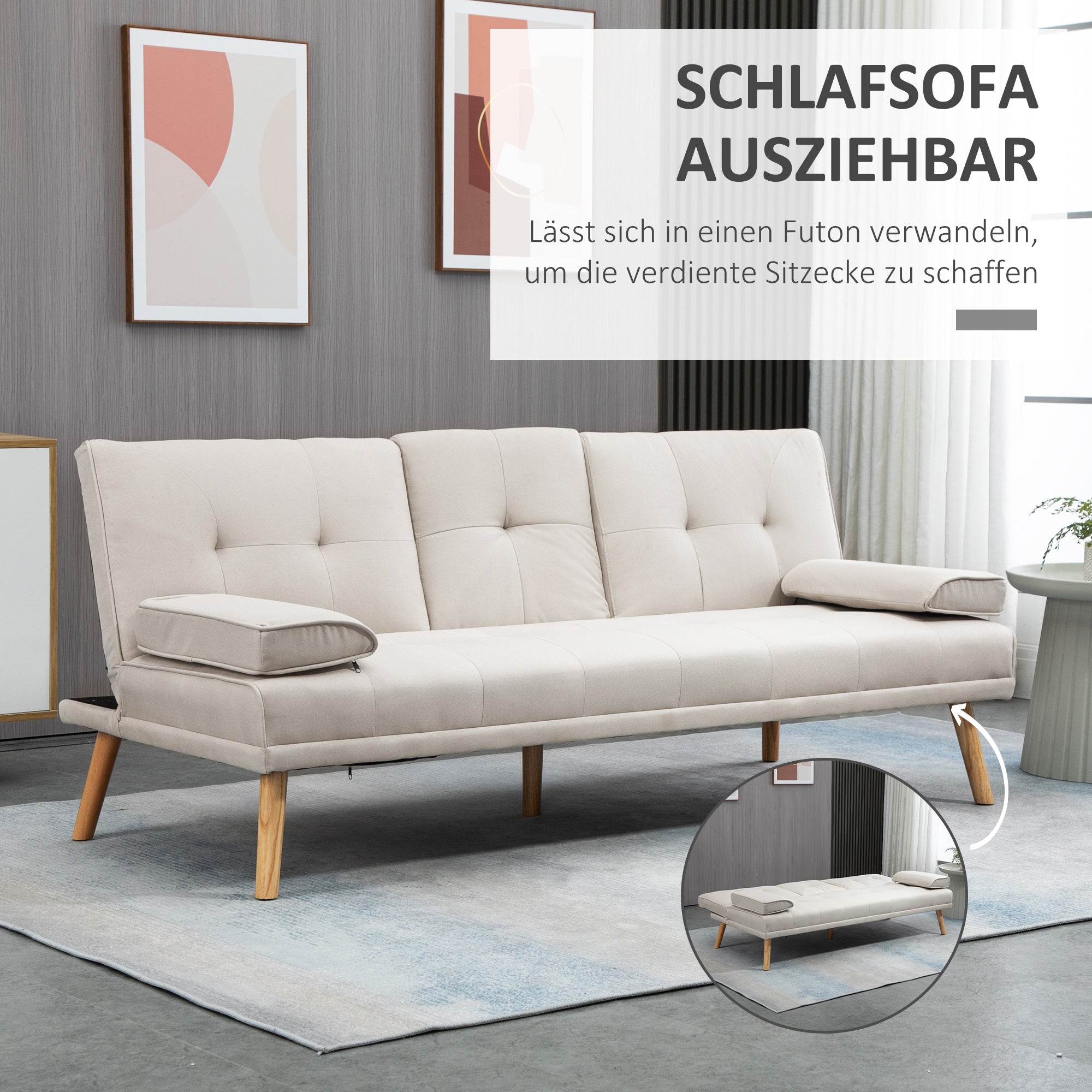 HOMCOM Schlafsofa 3-Sitzer, neigbare Rückenlehne mit Klapptisch, zwei Armpolster, Leinenoptik, beige, 181 x 77 x 78 cm