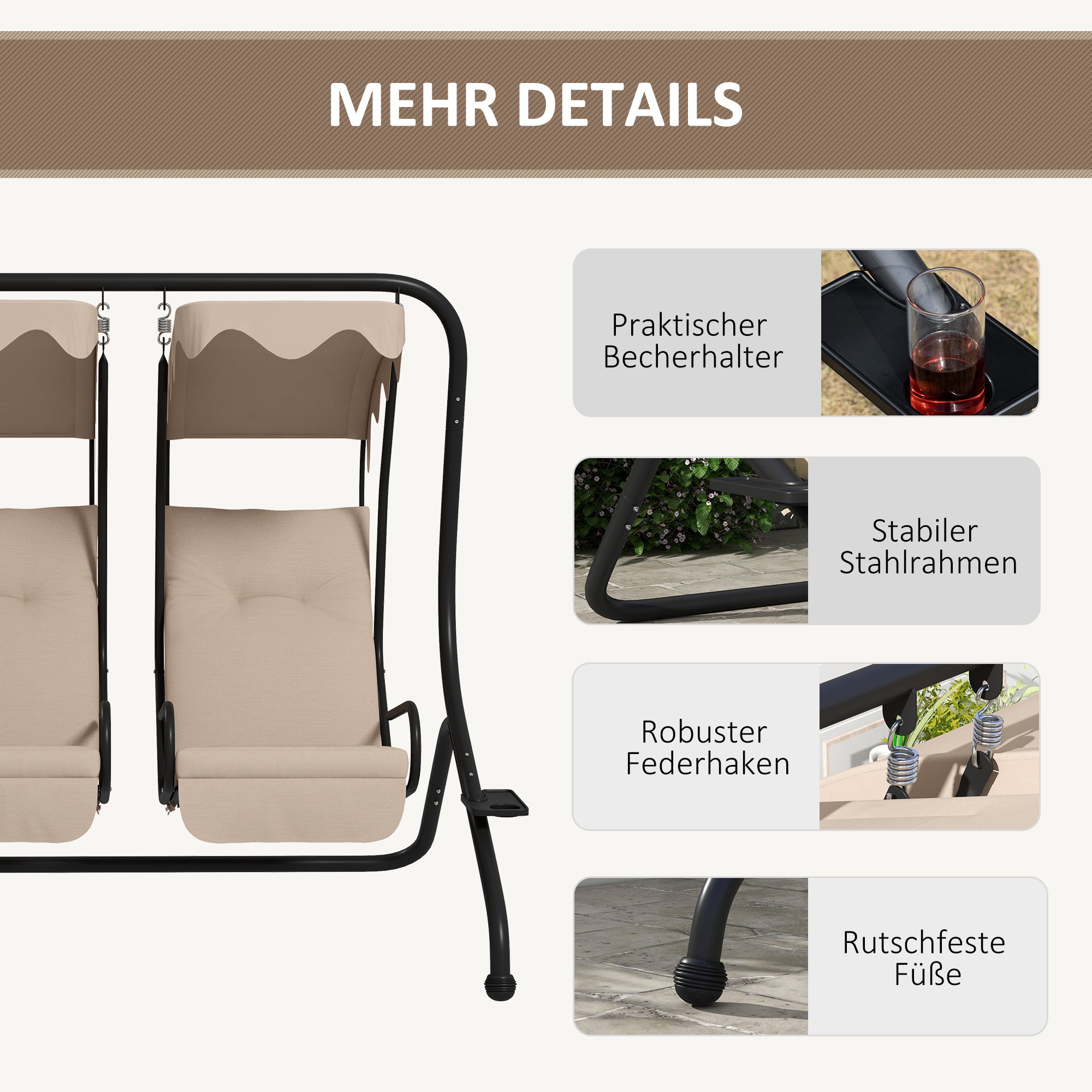 Outsunny Hollywoodschaukel Gartenschaukel, wetterbeständig,2 getrennte Size, 2 Getränkehalter, 170 cm x 136 cm x 170 cm, Beige