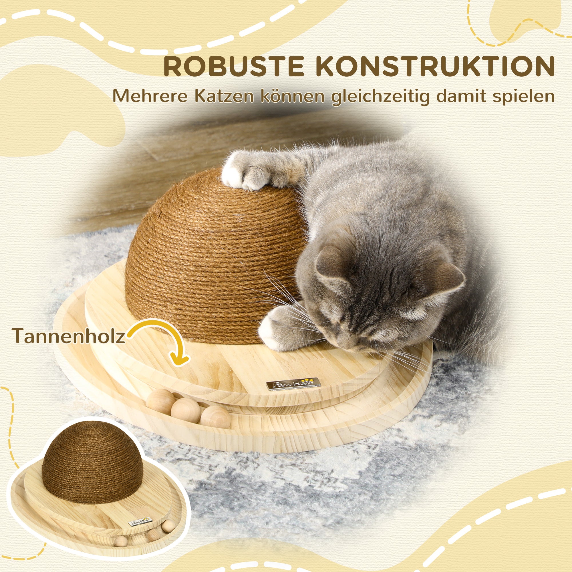 PawHut interaktives Katzenspielzeug, Kratzfläche, ovale Kugelbahn, Kiefernholz, 39,5 x 32,5 x 14,5 cm