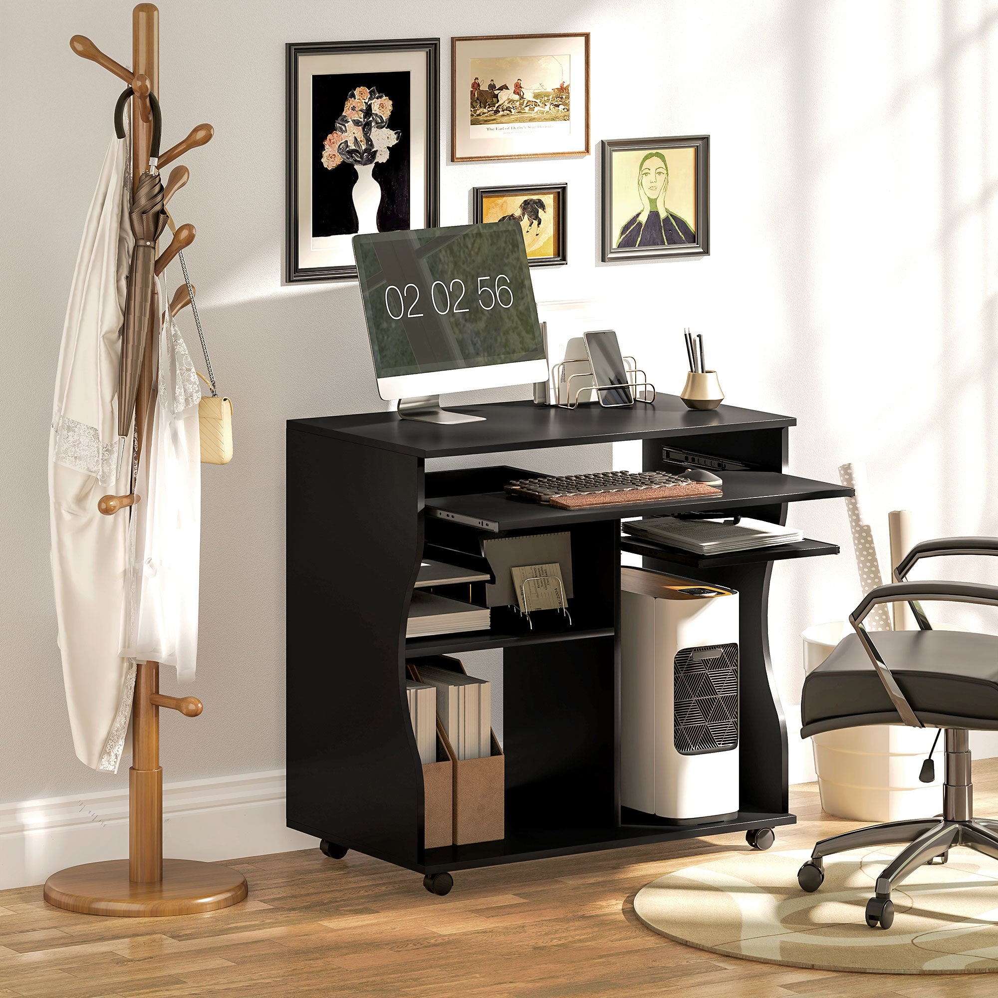 HOMCOM Computertisch mit Rollen, Schreibtisch mit Stauraum, 80 x 48 x 75 cm, Schwarz