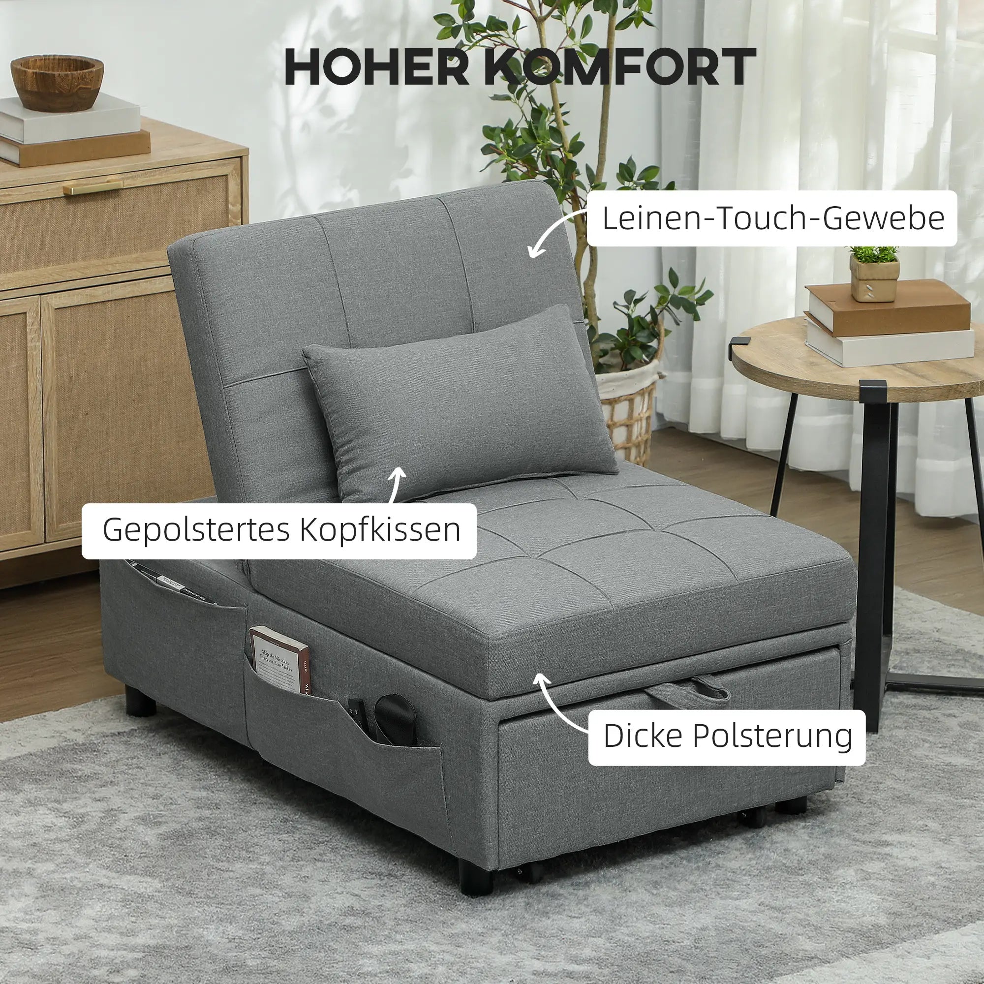 HOMCOM 3-in-1 Klappsessel mit Seitentasche, Gästebett mit Kissen, Verstellbarer Rückenlehne, Bettsessel mit Rollen, Hellgrau