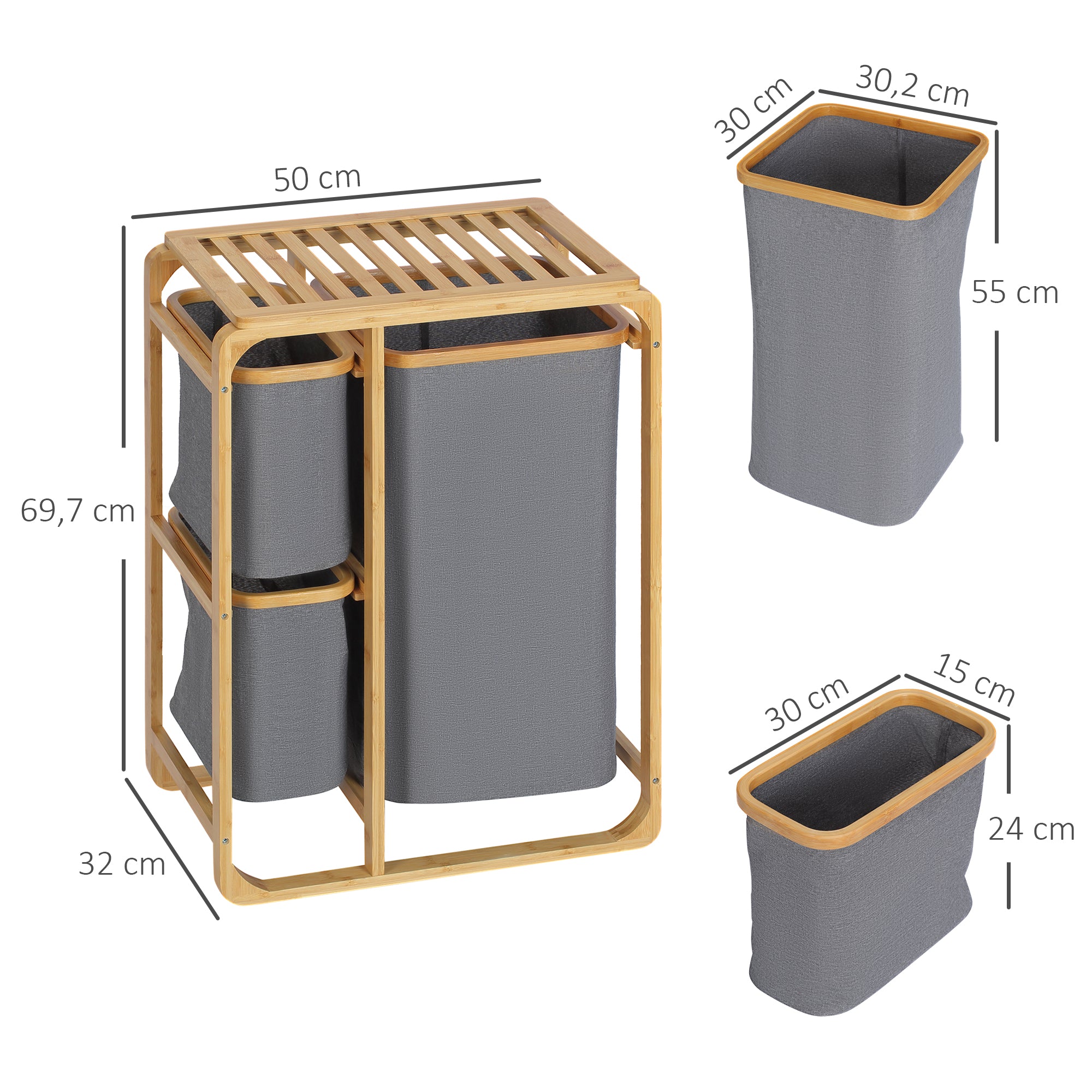 HOMCOM Wäschekorb aus Bambus , 3 abnehmbare Körbe 50 cm x 32 cm x 69,7 cm Natur Grau