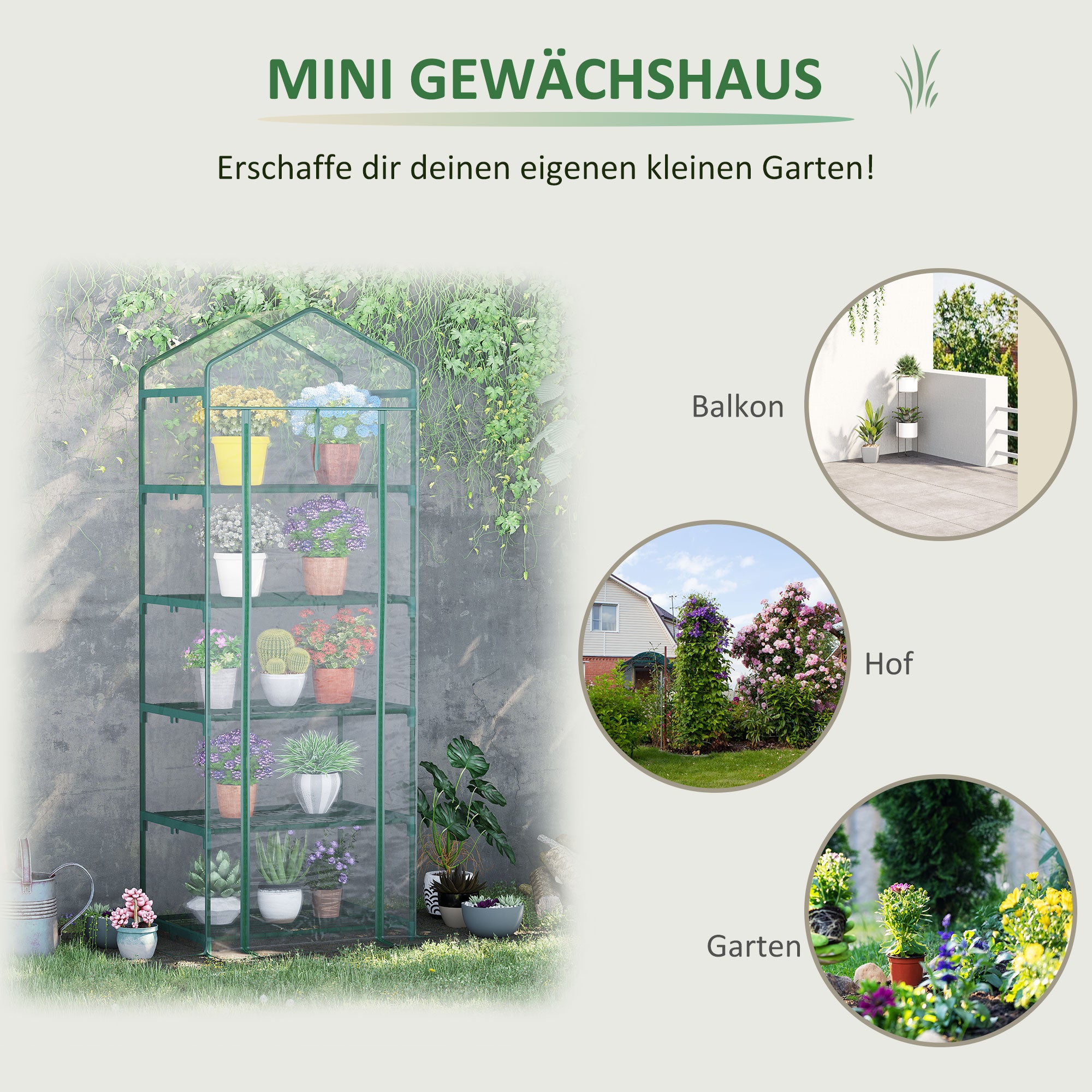 Outsunny Foliengewächshaus Mini-Gewächshaus mit 5 Regale für Blumen oder Gemüse Aufzucht Treibhaus Transparent+Grün Stahl Kunststoff 69 x 49 x 193 cm