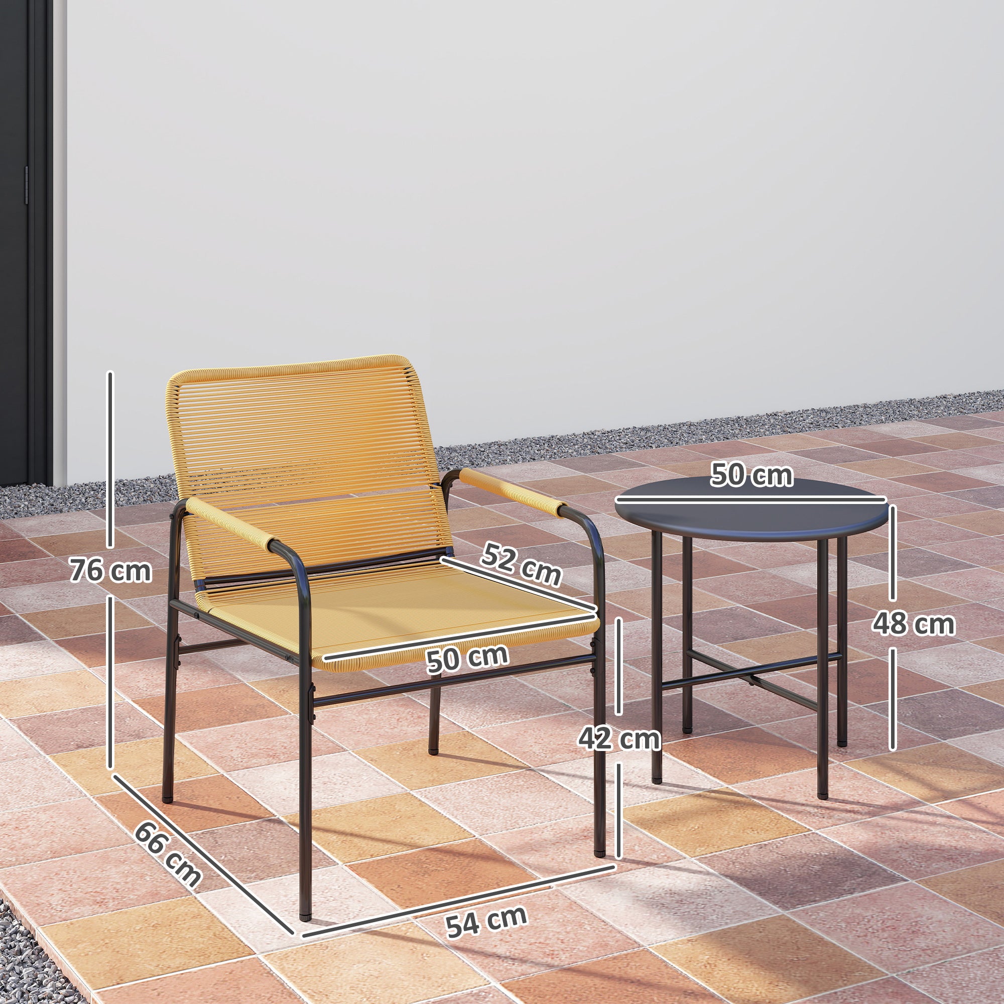 Outsunny 3-tlg. Rattan Bistroset, Sitzgruppe, Gartengarnitur mit 2 Gartensesseln, Couchtisch 54 x 66 x 76 cm Gelb