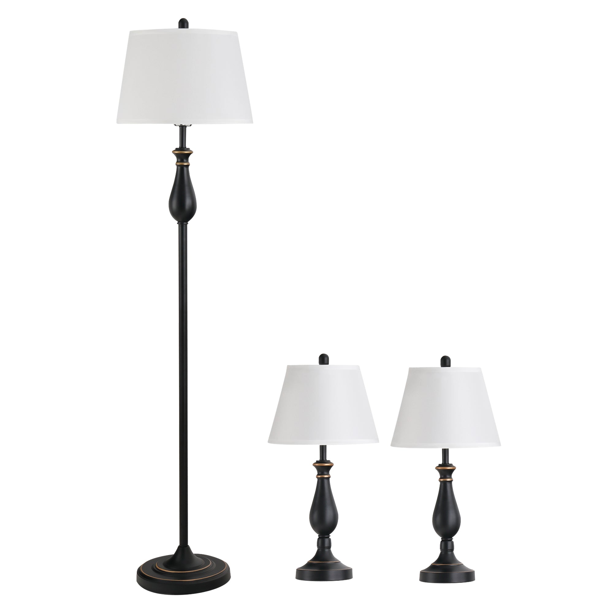 HOMCOM 3er-Lampenset 2 Tischlampe(ø30 x 62H cm) + 1 Stehlampe(ø38 x 158H cm)  Vintage, Schwarz+Weiß, Metall, PS, Polyester, Baumwolle E27 Lampensockel
