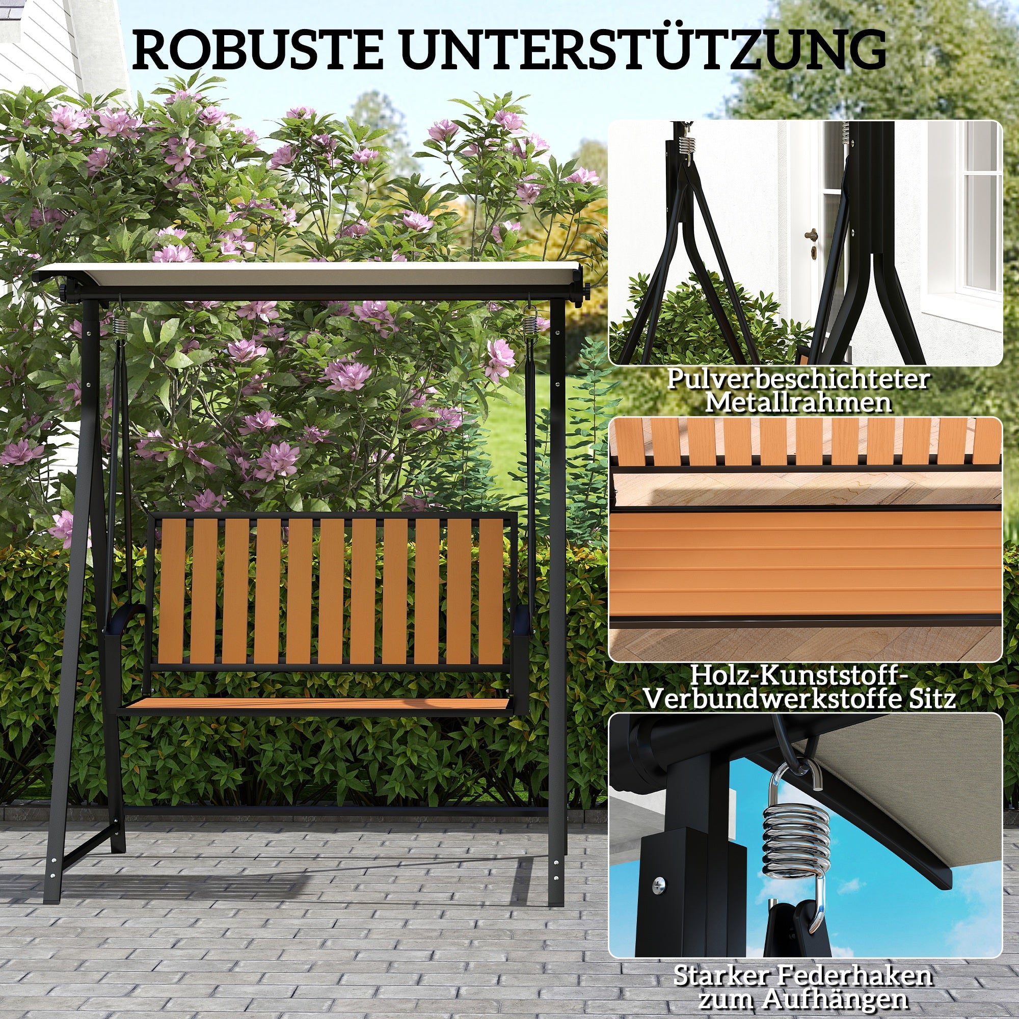 Outsunny Hollywoodschaukel mit verstellbarem Sonnendach, 2-Sitzer Gartenschaukel 142 x 112 x 162cm, Schwarz