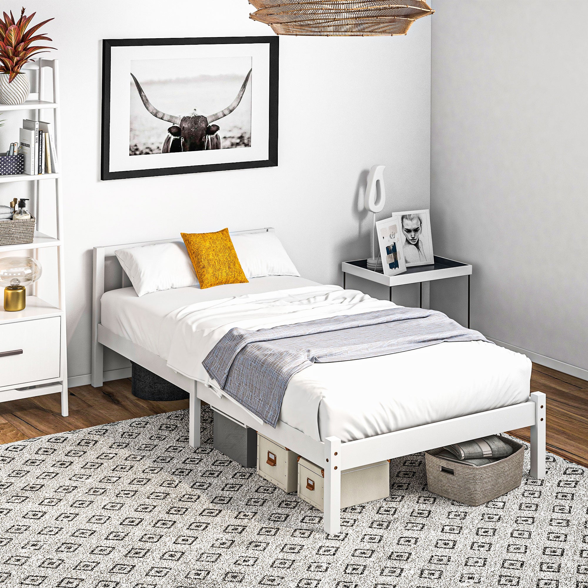 HOMCOM Einzelbettgestell, Kopfteil & Lattenrost, 26cm Freiraum unter Bett, Kiefernholz, 208x96x70 cm, Weiß