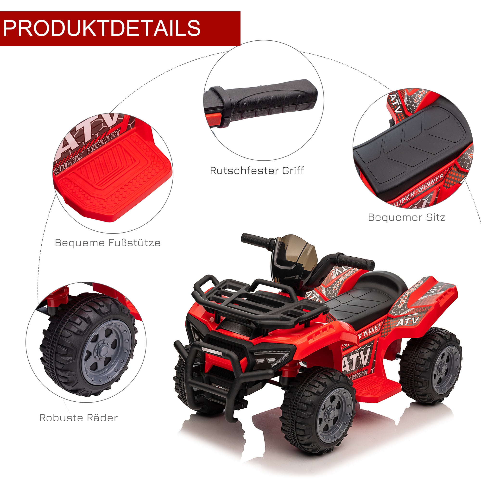 HOMCOM Kinder Quad Elektro 6V Kinderquad mit Vorwärtsfunktion, Musik, Elektro-Quad für Kinder 1,5-3 Jahre Rot