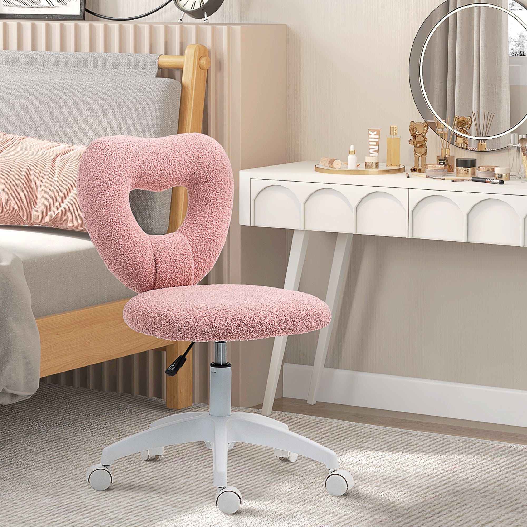 HOMCOM Schreibtischstuhl, Bürostuhl, Herzförmige Rückenlehne, gepolstert, Rosa