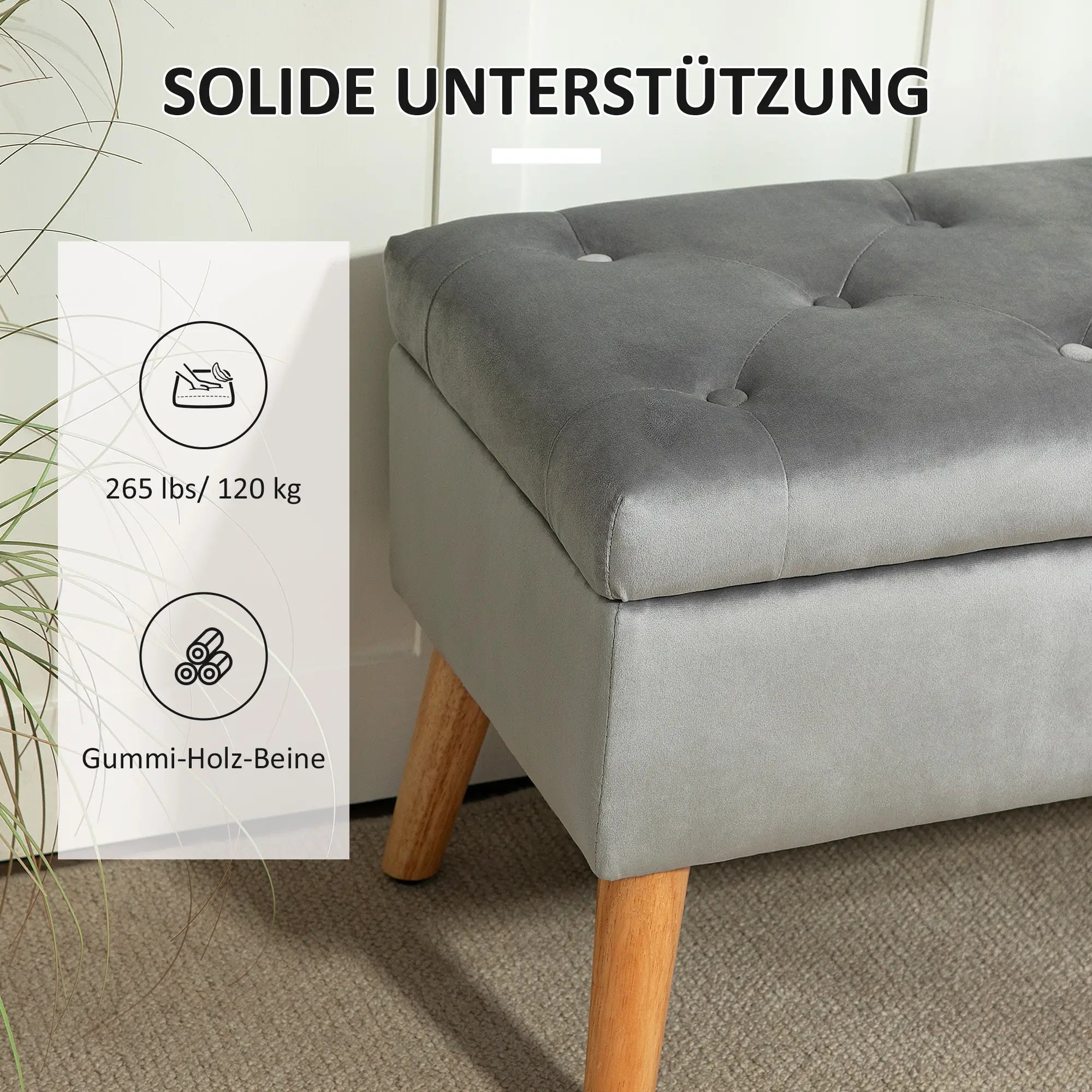 HOMCOM Polsterbank mit Stauraum, Stoffbezug in Samtoptik, Holzbeine, für Wohnzimmer, Schlafzimmer, Flur, 80 x 35 x 40 cm, Grau