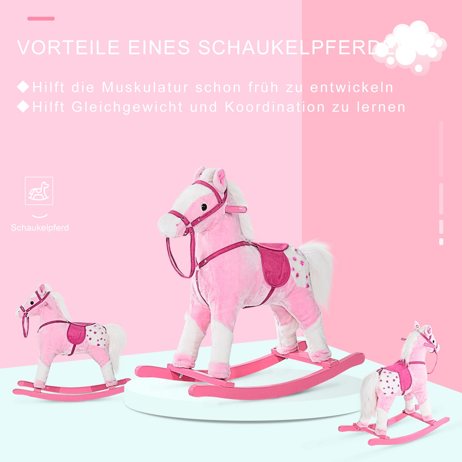 HOMCOM Kinder Schaukelpferd Schaukeltier Schaukelspielzeug Wiehern Rosa 74x28x65cm