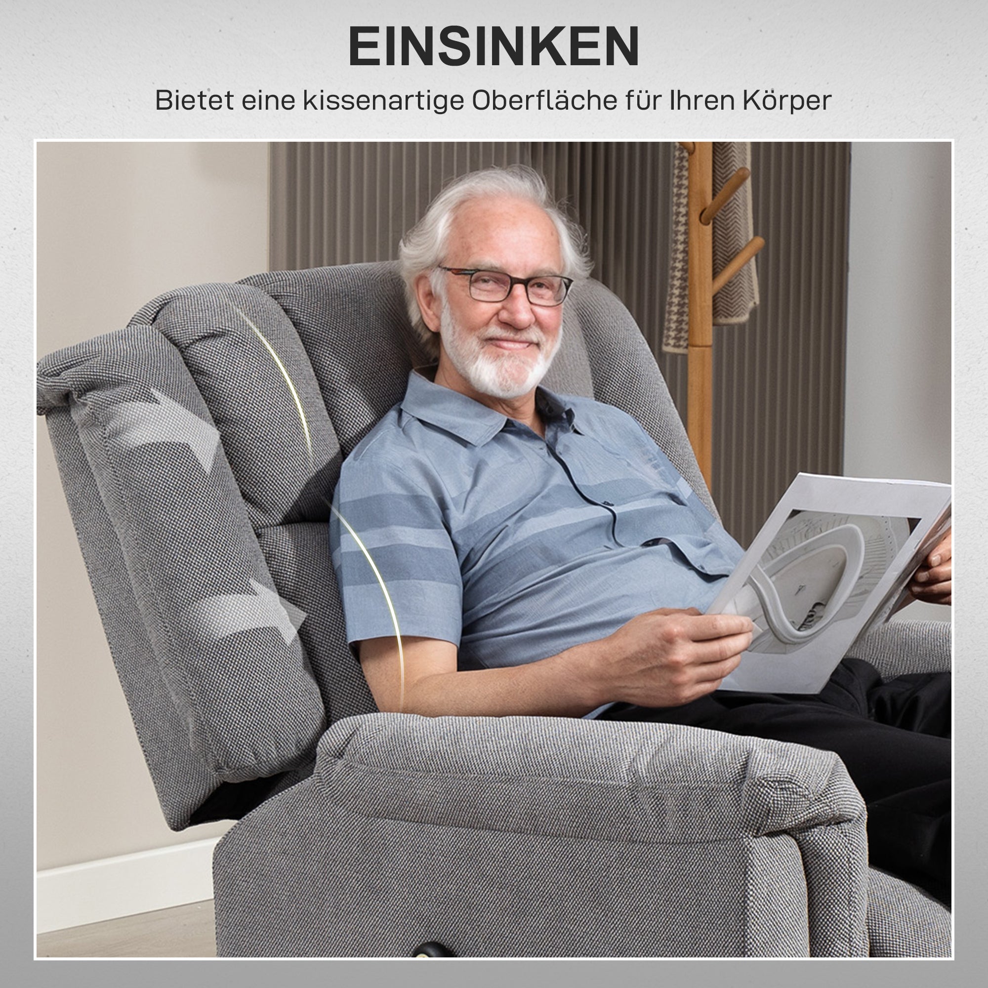 HOMCOM Powerlift-Sessel, Massagesessel mit Wärmefunktion, Polstersessel mit Fußstütze, Seitentasche, Stoffbezug, Dunkelgrau