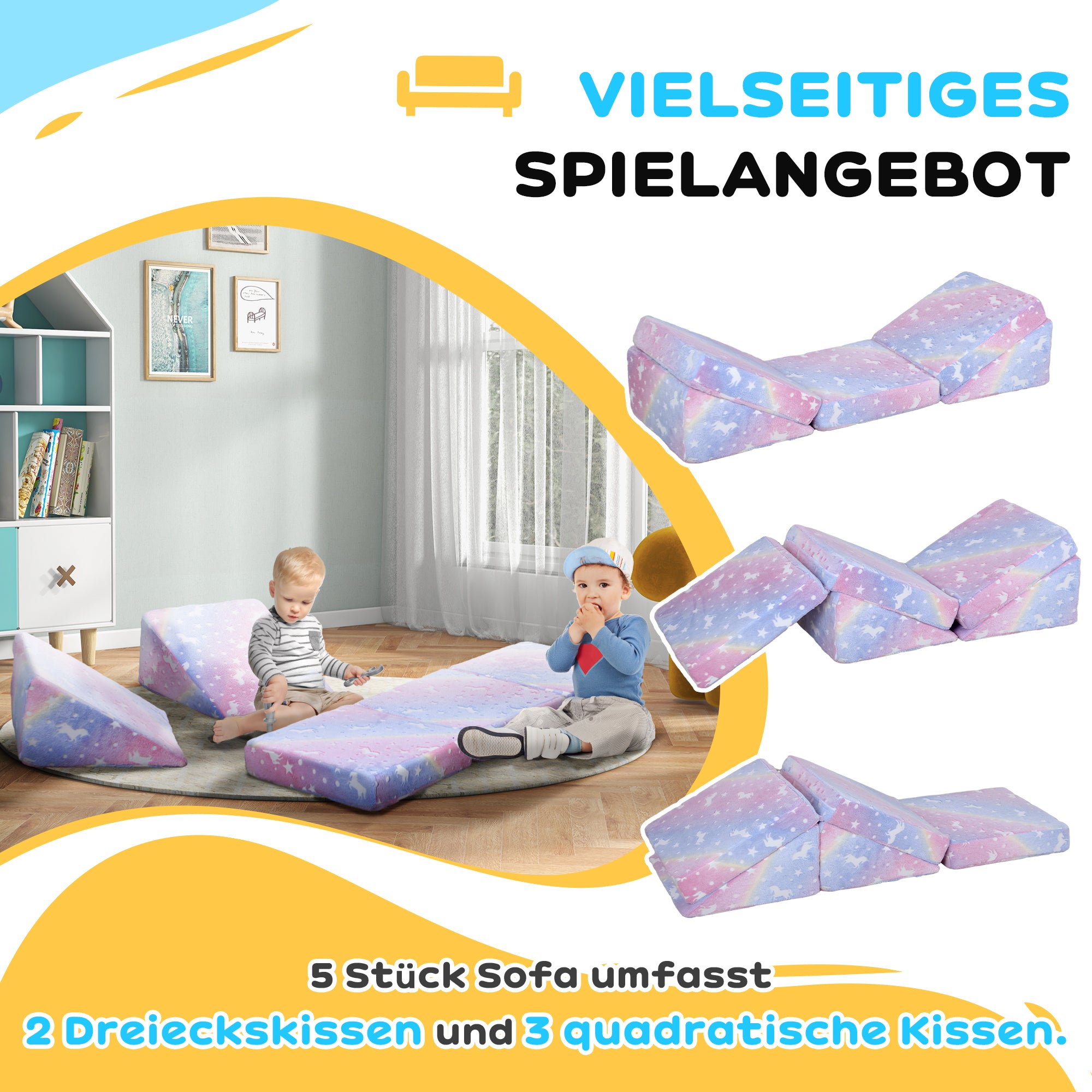 AIYAPLAY Modulares Spielsofa-Set für Kinder, 5-teilig, Treppe, Matratze, Pony- und Sternenmuster, leuchtet im Dunkeln, Rosa