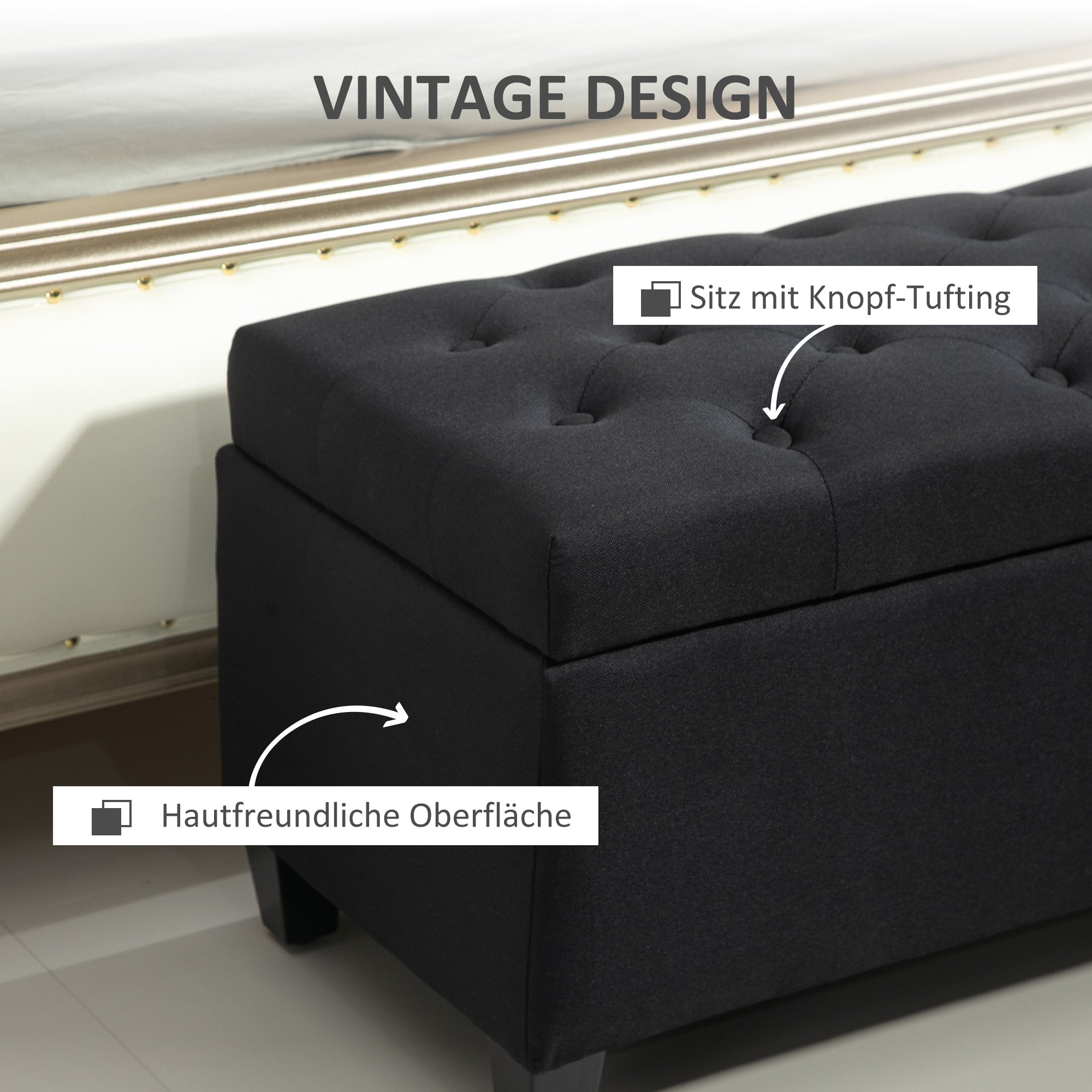 HOMCOM Sitzbank mit Stauraum, Truhenbank, leinenartiges Polyester, Kautschukholz, Schwarz, 100 x 40 x 44 cm