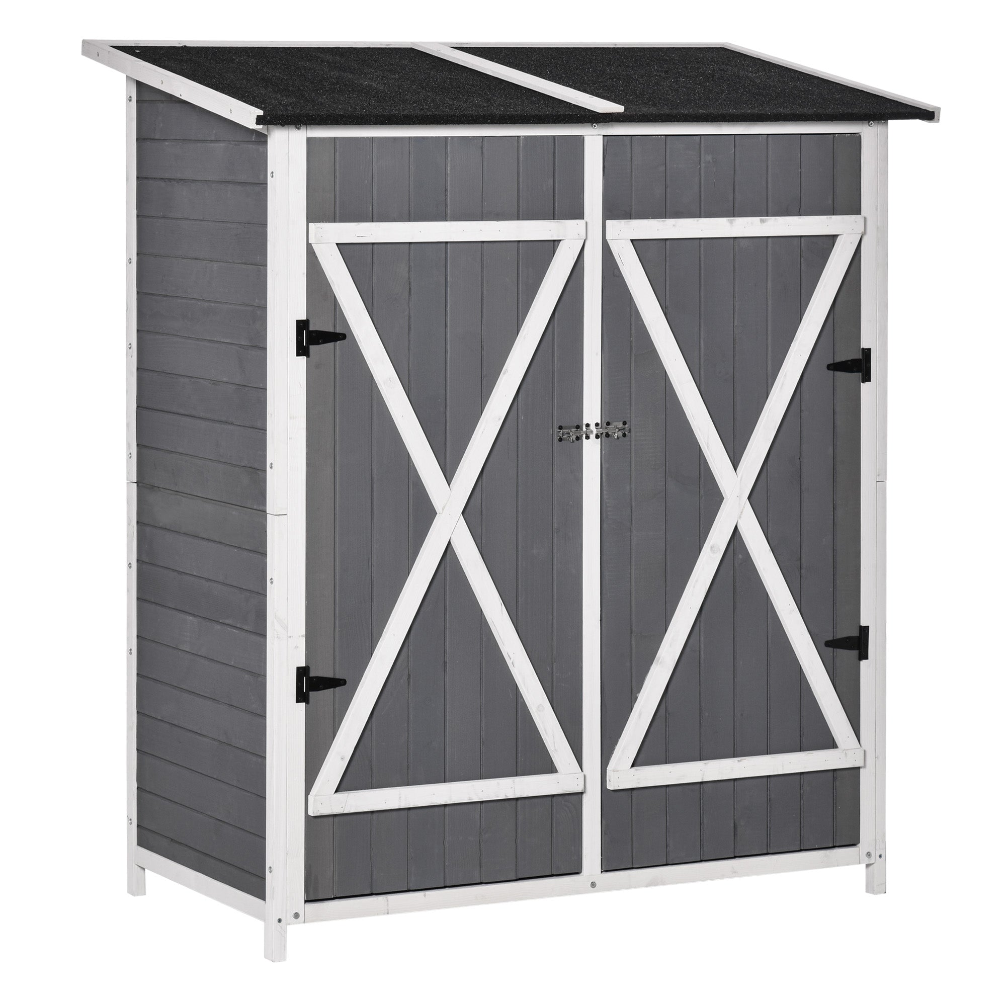 Outsunny Gartenschrank Geräteschuppen mit 2 Tür Geräteschrank mit Asphaltdach Gartenlagerschrank Antidumping Design mit Bodennägel Tannenholz Grau+Weiß 139 x 75 x 160 cm