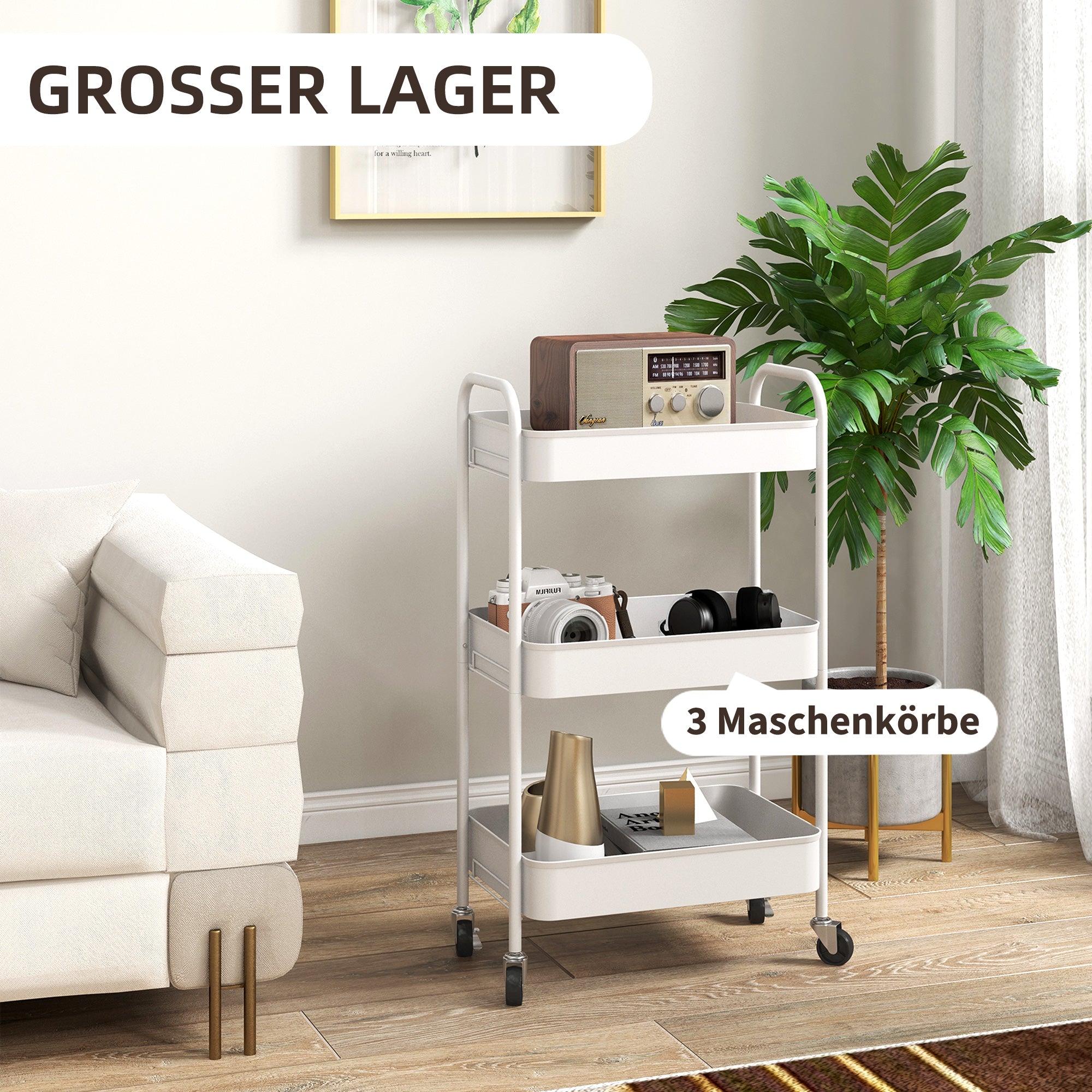 HOMCOM Mehrzweckwagen Rollwagen Küchenwagen, 3 Regale, 4 Rollen, 45 cm x 30,6 cm x 79 cm, Weiß