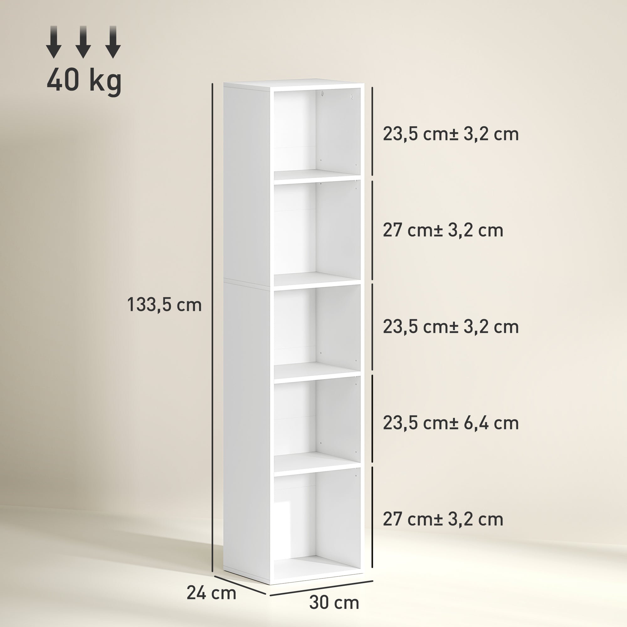 HOMCOM Bücherregal, 5 Fächer, verstellbare Regale, Holz, 30 x 24 x 133,5 cm, Weiß