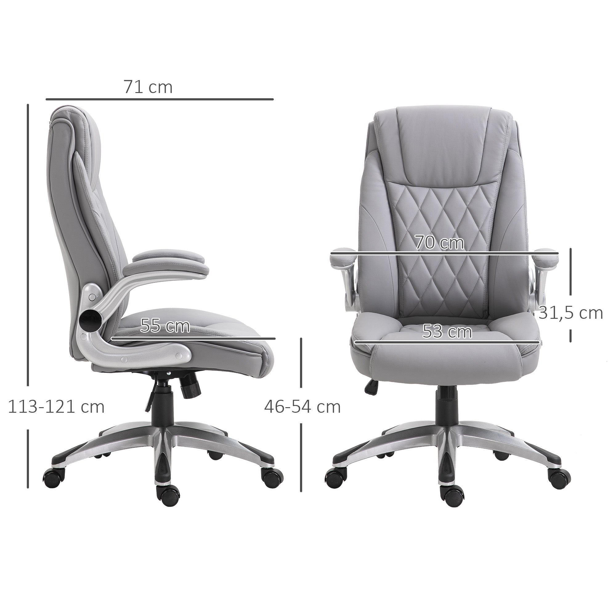Vinsetto Bürostuhl Ergonomischer Drehstuhl Computerstuhl mit Wippfunktion höhenverstellbar mit Kopfstütze und gepolsterte Armlehnen Kunstleder Grau 70 x 71 x 113–121 cm