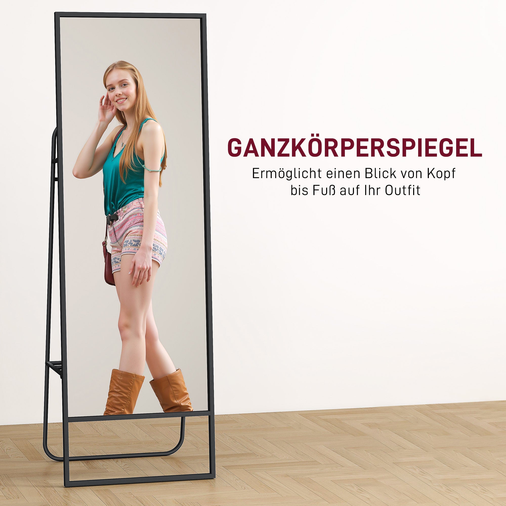 HOMCOM Ganzkörperspiegel, industrielles Design, hinteres Regal, 2 Haken, Metallrahmen, für Schlafzimmer, 157 x 50 cm, Schwarz