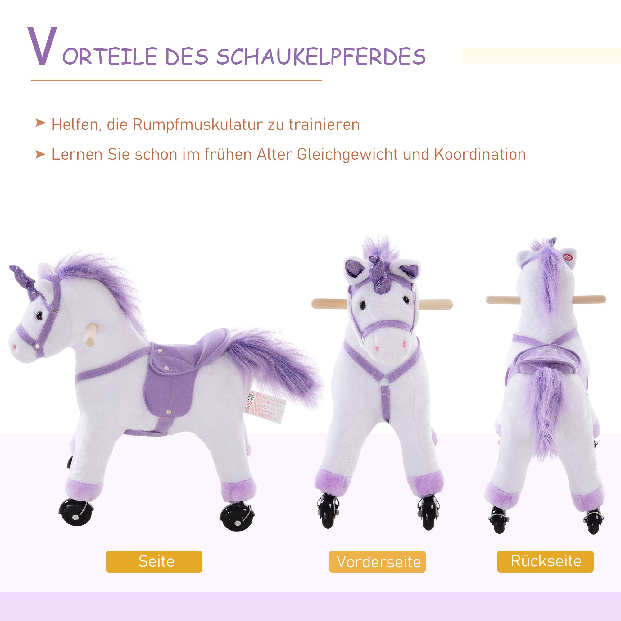 HOMCOM Reitpferd auf Rollen Spielpferd Reittier  Wiehern Plüsch Lila 55 x 23 x 60 cm