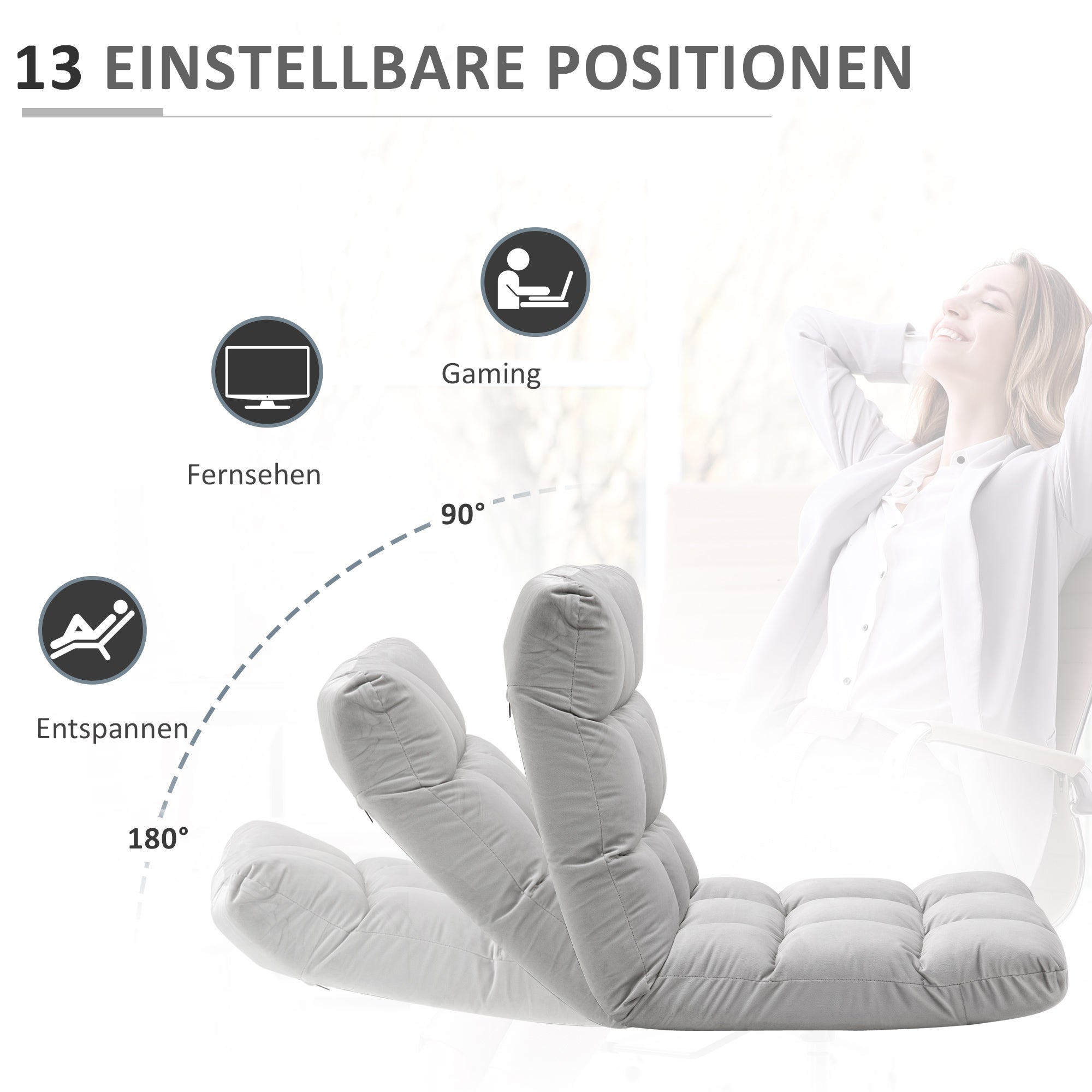 HOMCOM Bodenstuhl 3-in-1 Klappbar Bodensessel mit Rückenlehne 13 Positionen Verstellbare Klappliege Sitzkissen Grau Metall Schaumstoff 55 x 71 x 53,5 cm