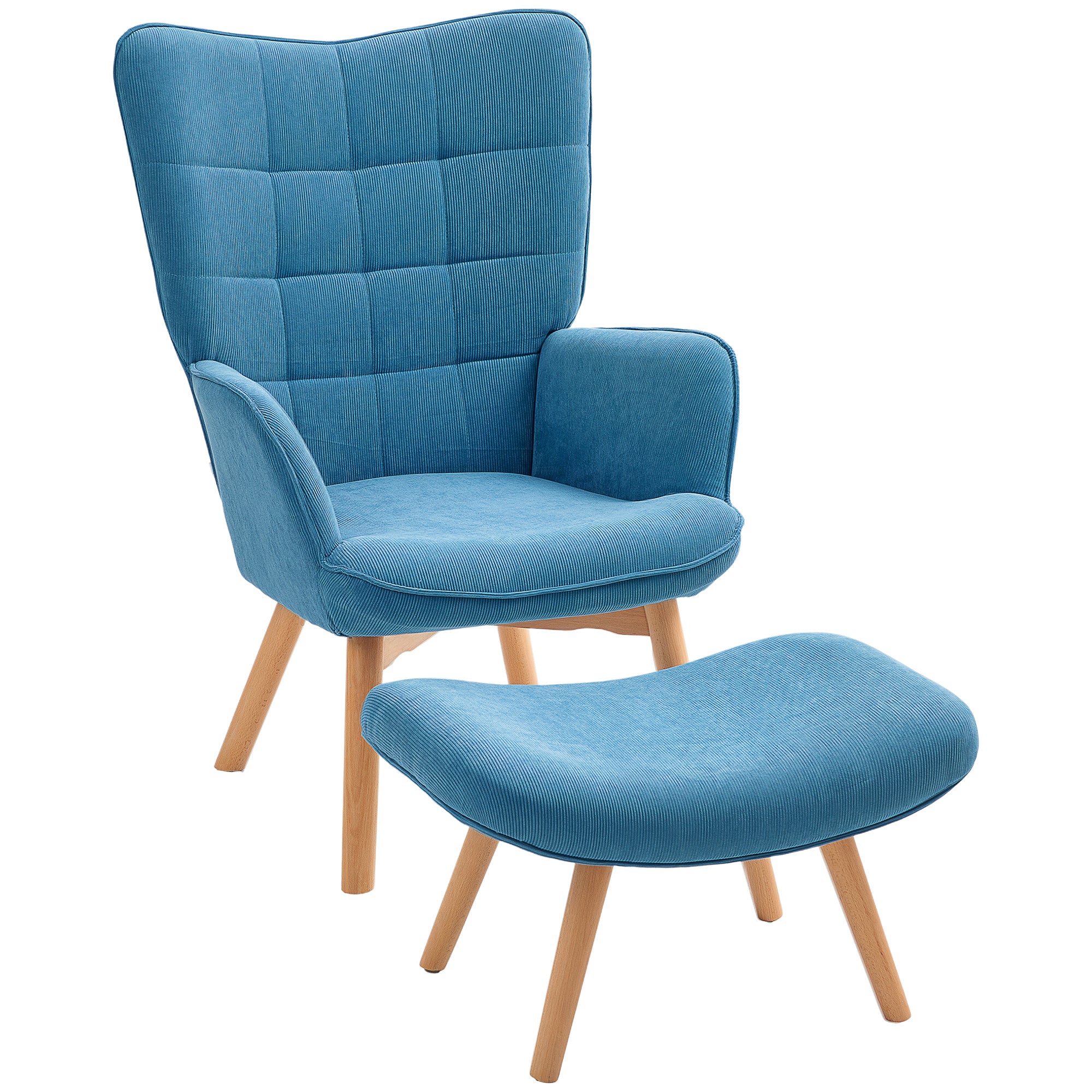 HOMCOM Akzentsessel mit Hocker, Relaxsessel in Cord-Optik, Armlehnstuhl mit Holzbeinen, für Wohnzimmer, Blau