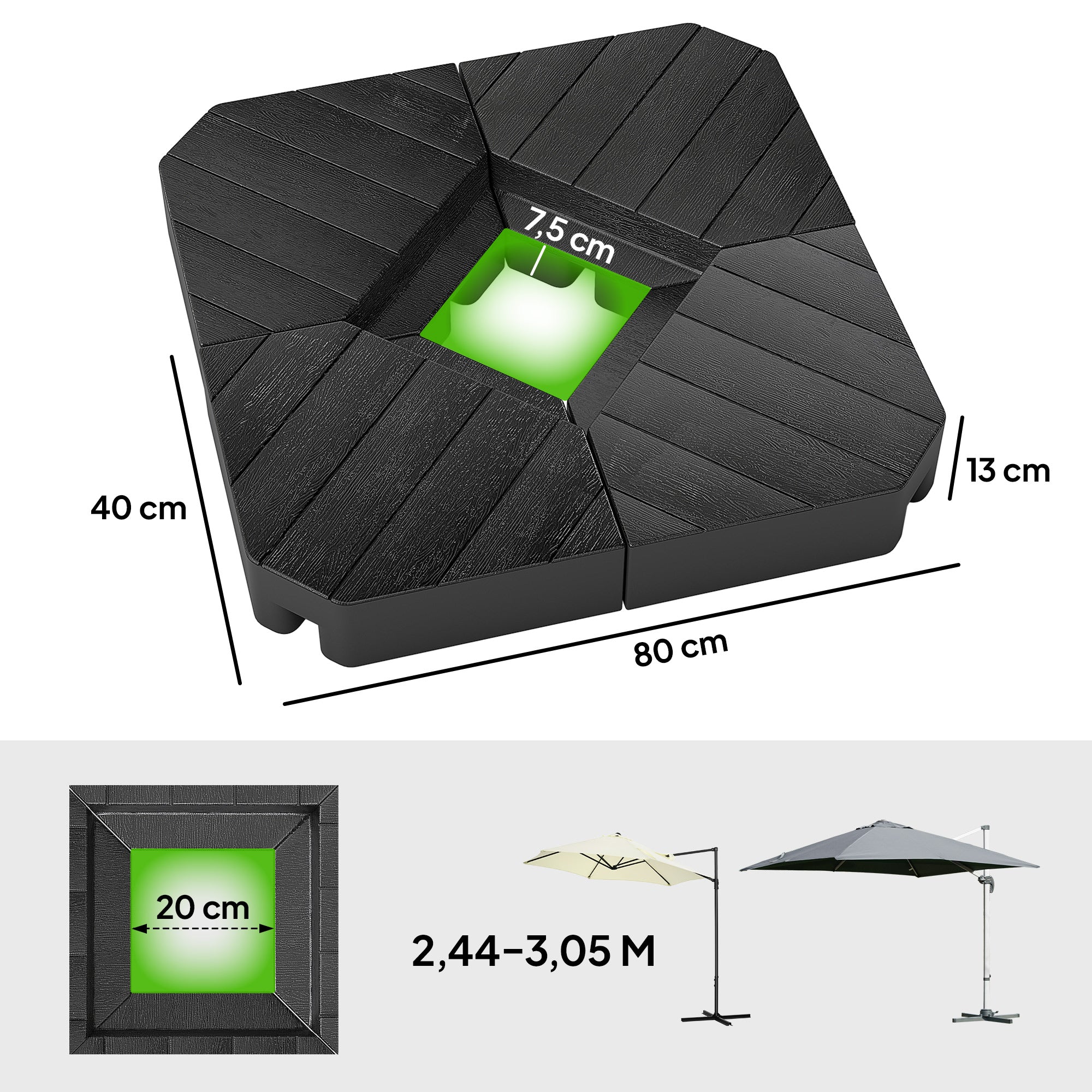 Outsunny Basisgewichte für Sonnenschirmständer, mit Wasser und Sand befüllbar, Kunststoff, 80L x 80B x 13H cm, Schwarz