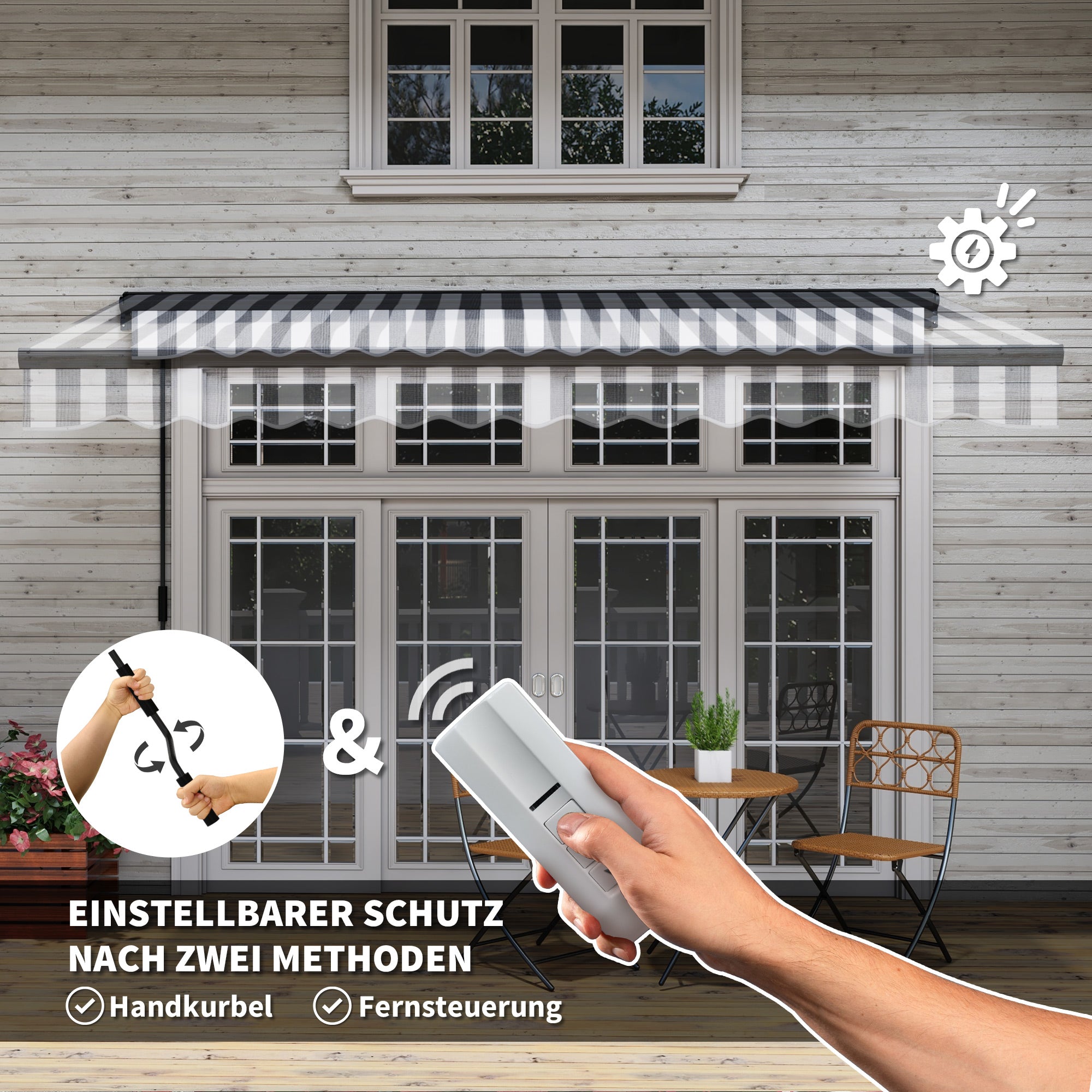 Outsunny Sonnenmarkise Markise Terrassenmarkise, wetterbeständig, 1 Handkurbel, 350 x 250 x 150 cm, Grau + Weiß