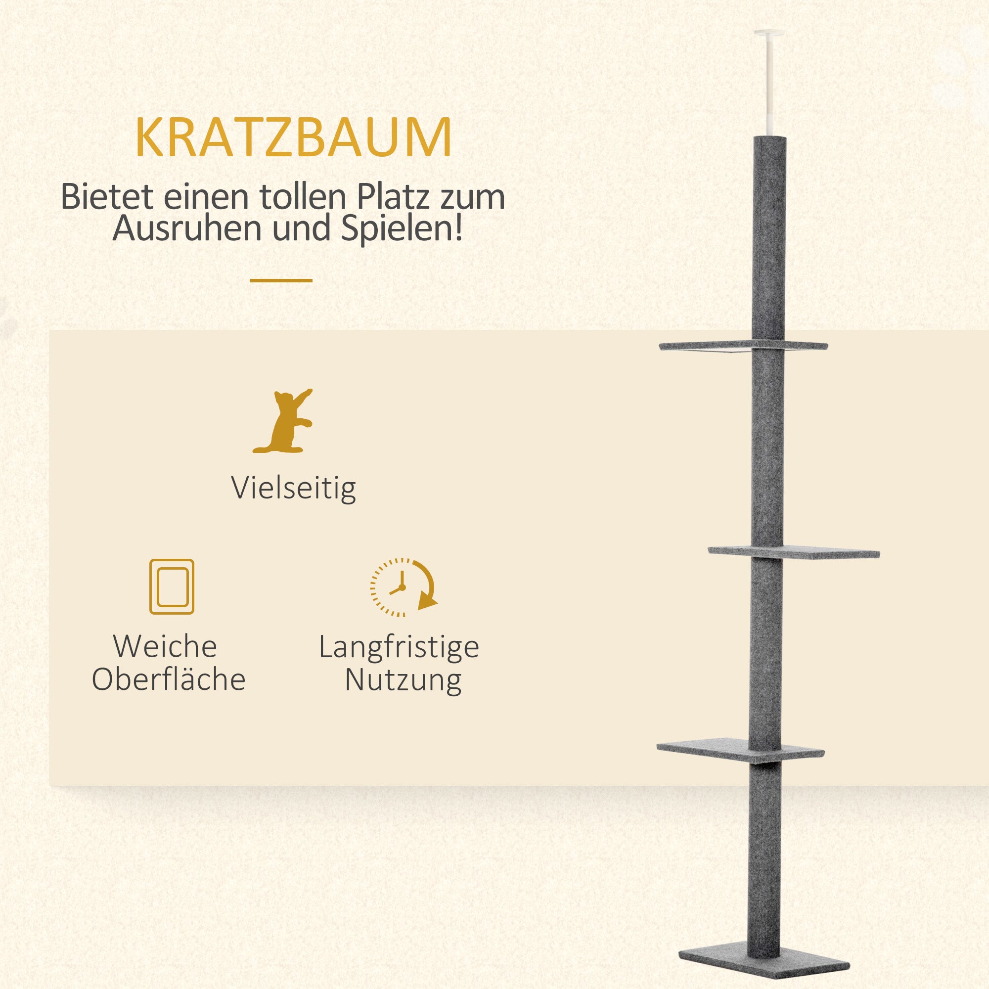 PawHut Kratzbaum Deckenhoch, 228-260 cm Höhenverstellbarer Katzenbaum Kletterbaum für Katzen mit 3 Ebenen, Katzenkratzbaum, Spielbaum vom Boden bis zur Decke Grau