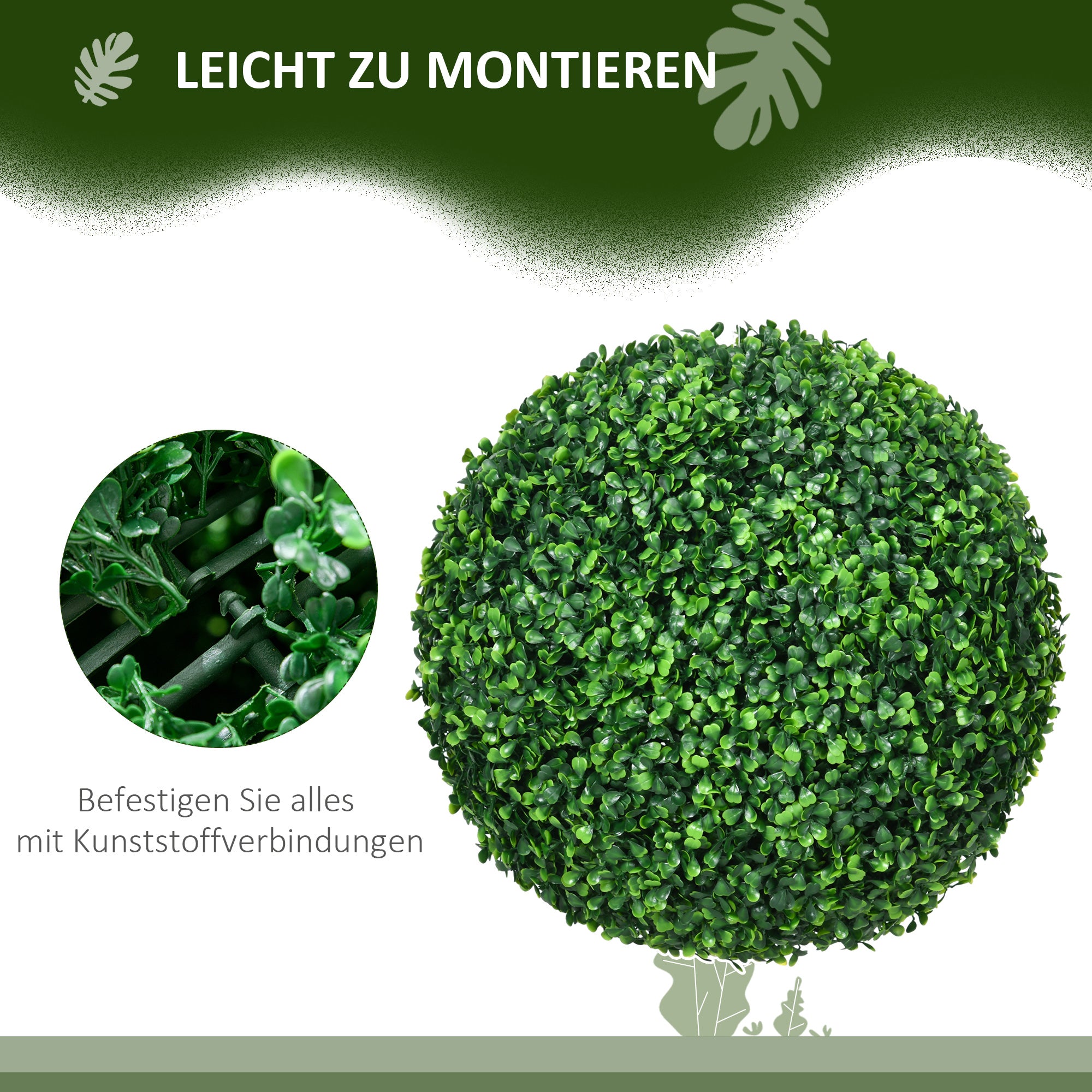 HOMCOM 2er-Set Buchsbaumkugel, Künstliche Pflanzen, Zimmerpflanze mit UV-Schutz, Deko-Pflanze, für Indoor, Outdoor, Grün