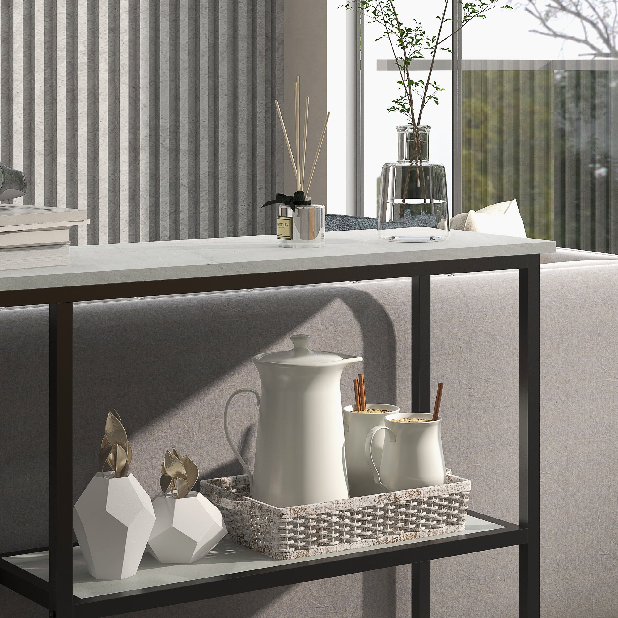 HOMCOM Konsolentisch im Industriedesign, 2 Regale, Marmor-Optik, Schwarz + Weiß