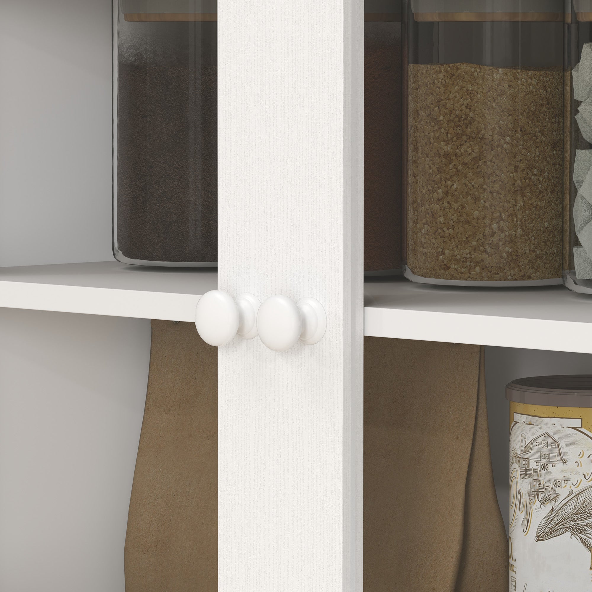 HOMCOM Küchenschrank im Landhausstil, 1 Vitrine, 1 offenes Regal, 1 Schublade, 2 Schränke, Natur + Weiß