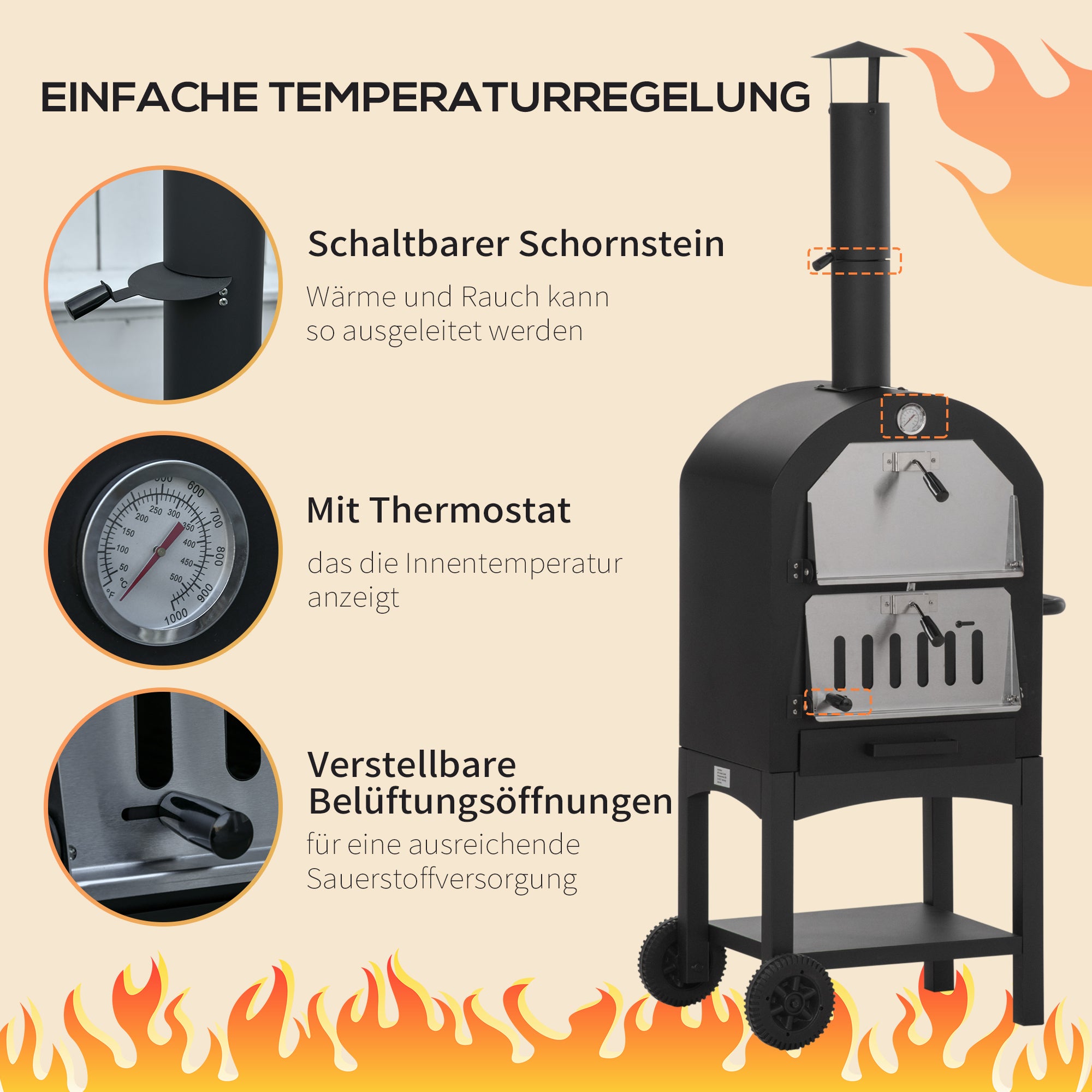 Outsunny 2-In-1 Pizzaofen Outdoor mit Rollen Grillofen mit Schutzhülle Pizzaschaufel 2 Grillnetzen Grillwagen mit Schornstein 3-Tier Holzbackofen für BBQ Stahl Schwarz+Silber 63 x 54 x 161 cm