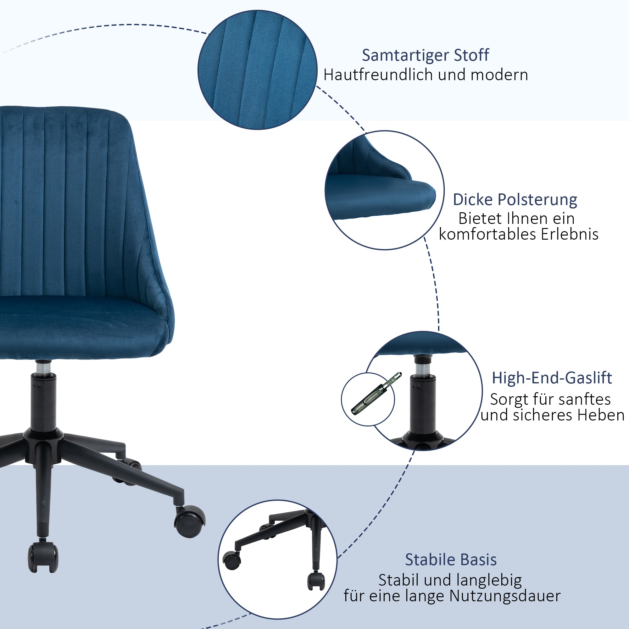 Vinsetto Bürostuhl Drehstuhl Schreibtischstuhl Ergonomisches Liniendesign höhenverstellbar 360° drehbar Schaumstoff Samtartiges Polyester Blau 50 x 58 x 77-87 cm