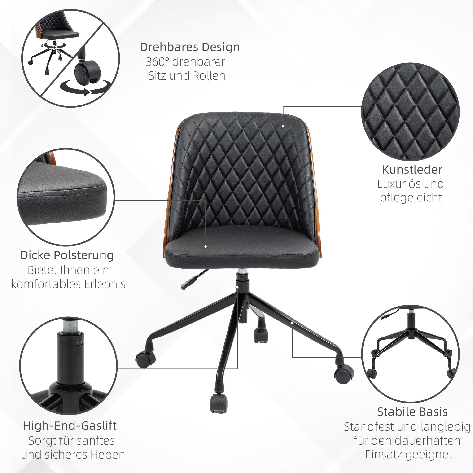 Vinsetto Bürostuhl Schreibtischstuhl Drehstuhl Home-Office-Stuhl höhenverstellbarer ergonomisch 360°-Drehräder Schaumstoff PU Schwarz 48,5 x 54,5 x 81-87 cm