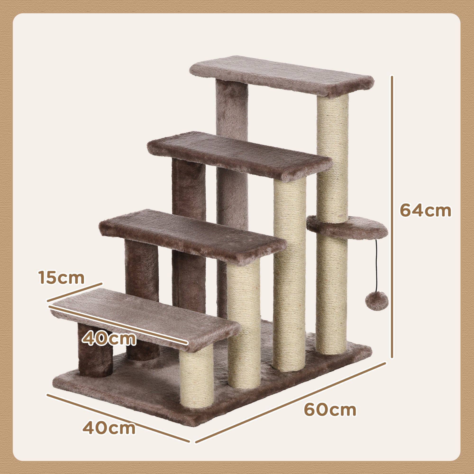 PawHut Haustiertreppe, Kratzbaum, 4-stufig, für Tiere bis 5 kg, 60x40x64cm, Braun