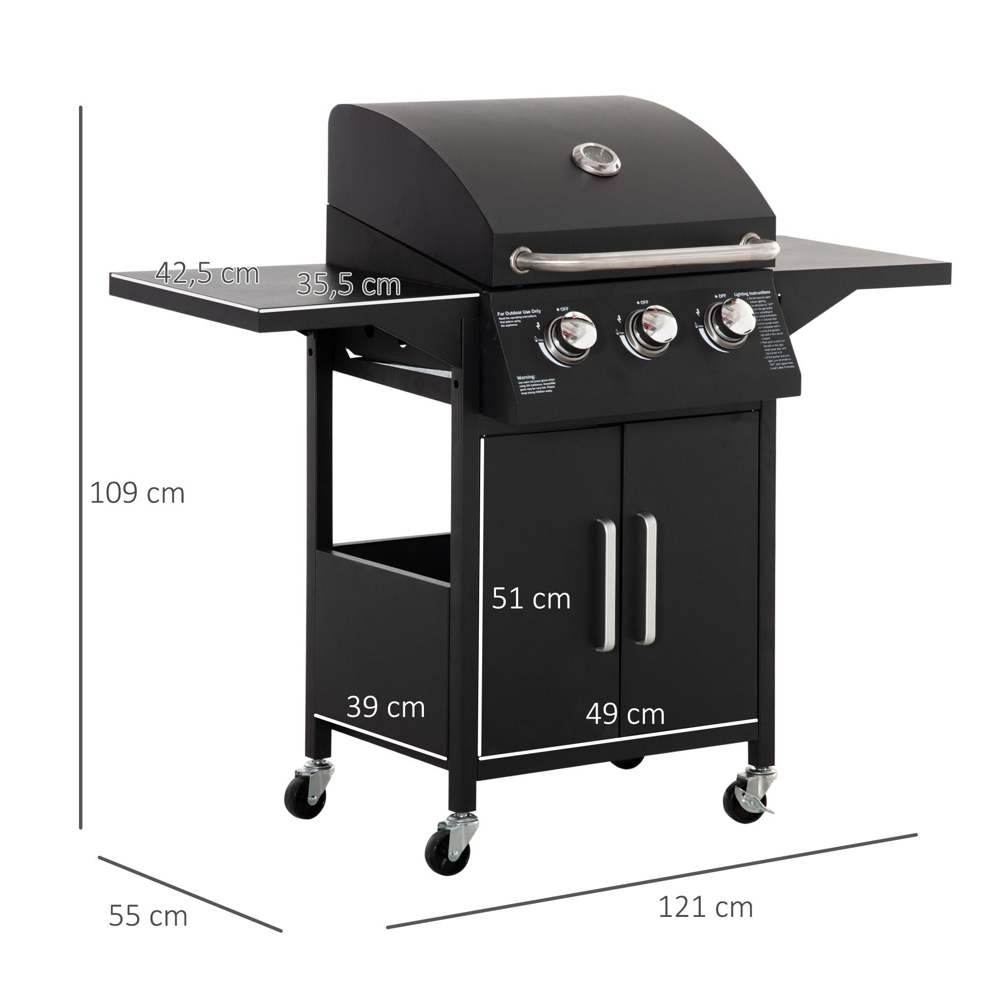 Outsunny Gasgrill, BBQ-Grill mit 3 Brennern je 2,9 kw, 4 Räder, Schwarz