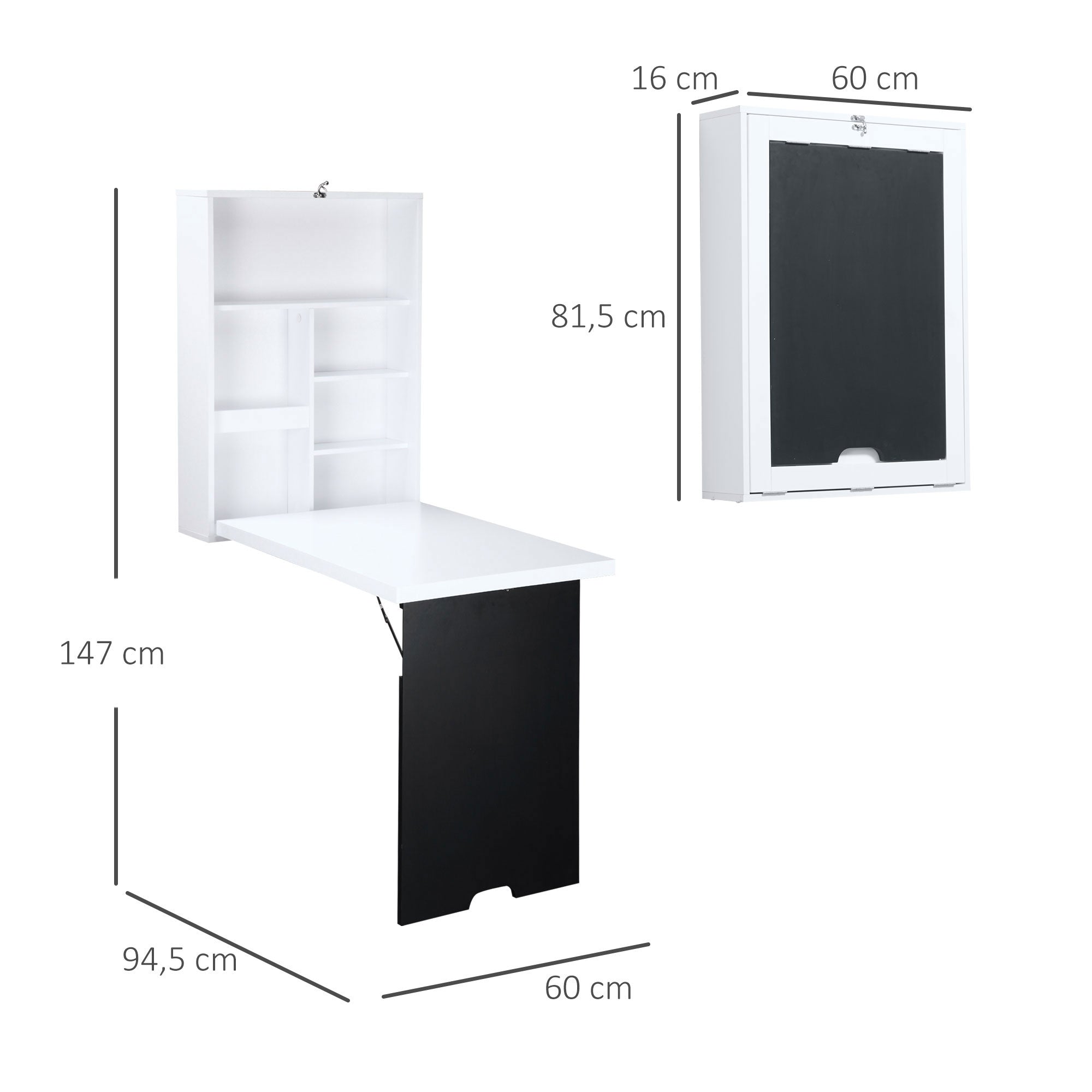 HOMCOM Wandschreibtisch, klappbare Tischplatte, 5 Fächer, 60x94,5x147cm, Schwarz/Weiß