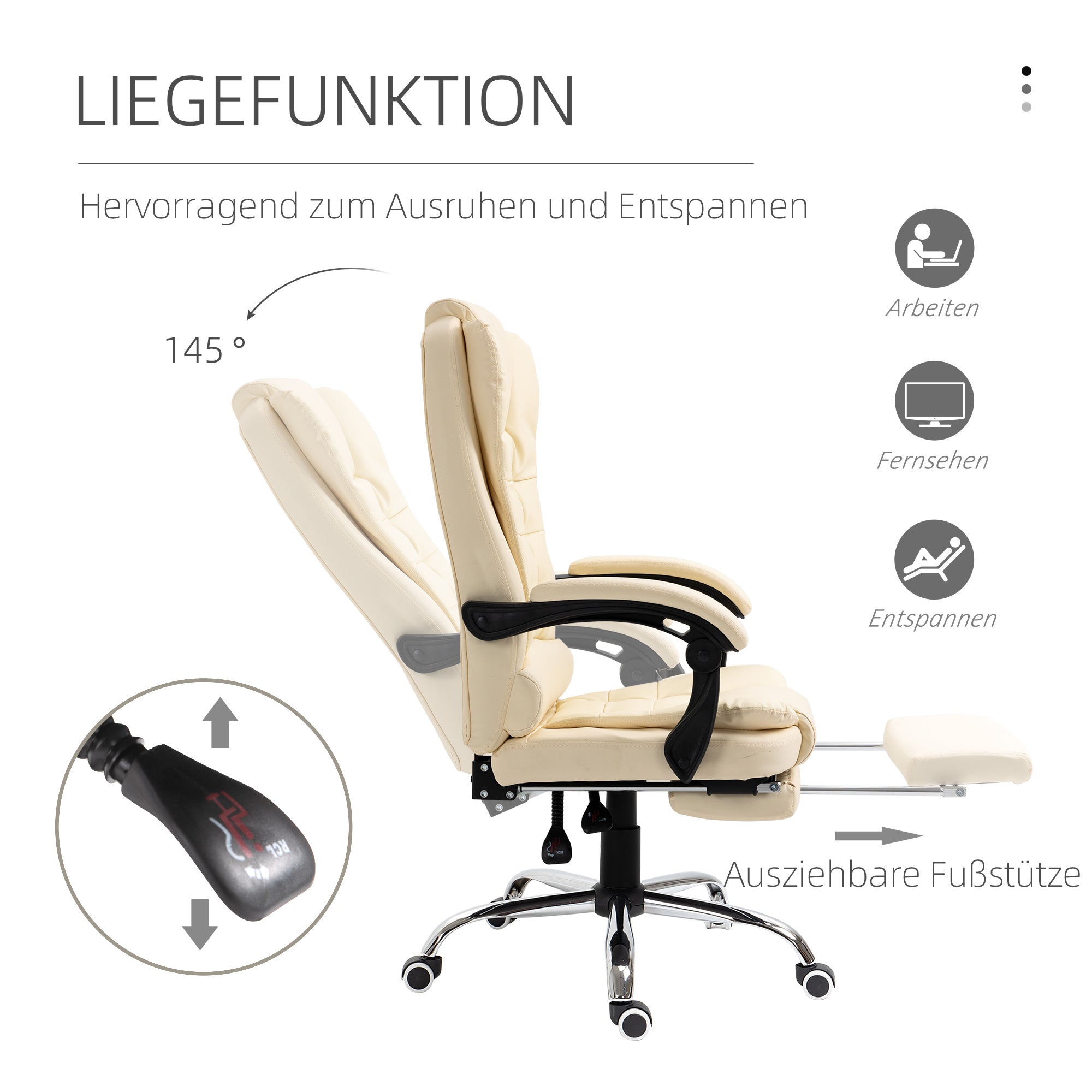 HOMCOM Bürostuhl mit Fußstütze, Schreibtischstuhl, verstellbare Rückenlehne, höhenverstellbar, Creme + Schwarz + Silber