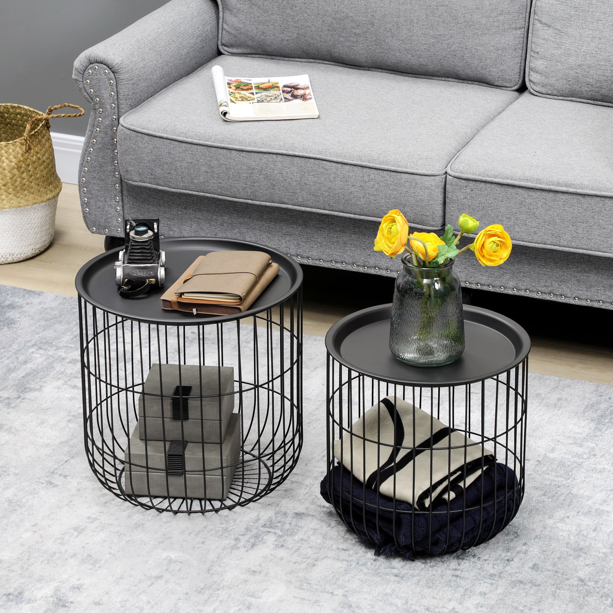 HOMCOM 2er-Set Beistelltische im Skandidesign, mit Stauraum, stapelbar, Schwarz