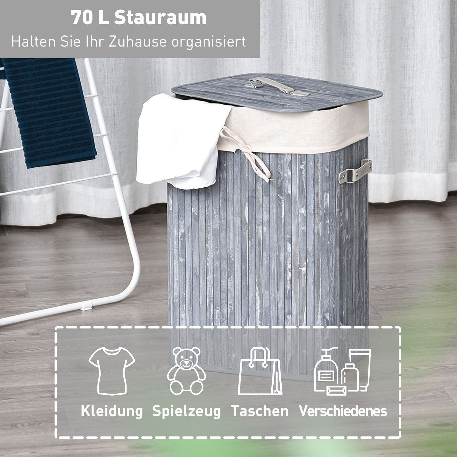 HOMCOM Wäschekorb schmal mit Deckel 72L Wäschesammler mit Griff, herausnehmbarer Wäschesack, Wäschebox für Waschküche Schlafzimmer Badezimmer, Grau