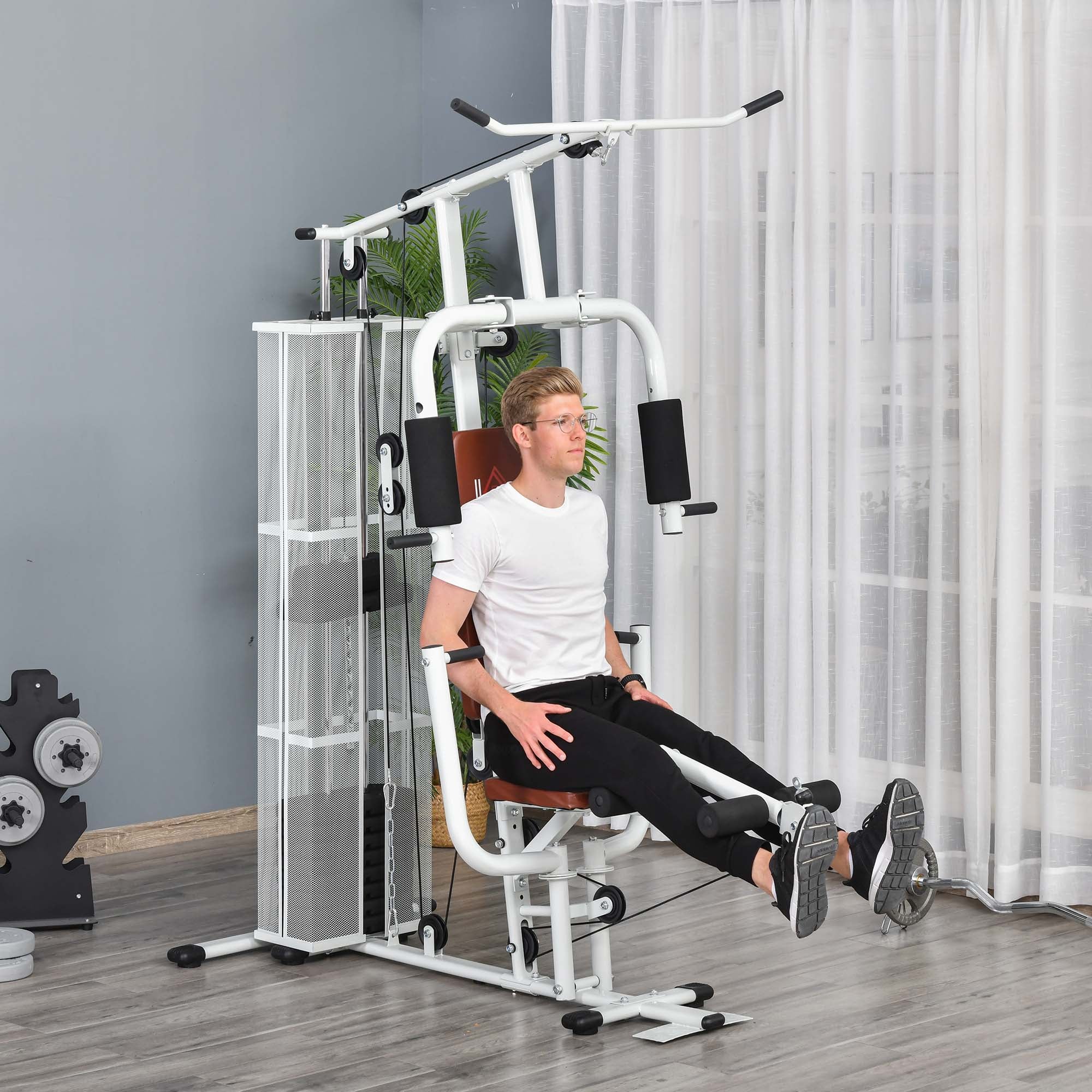 HOMCOM Gym Kraftstation Fitnessstation Multigym Fitnesscenter Fitnessgerät inkl. Gewichten Latzug Beincurl  Metall PU-Kunstleder Weiß 150 x 110 x 210 cm