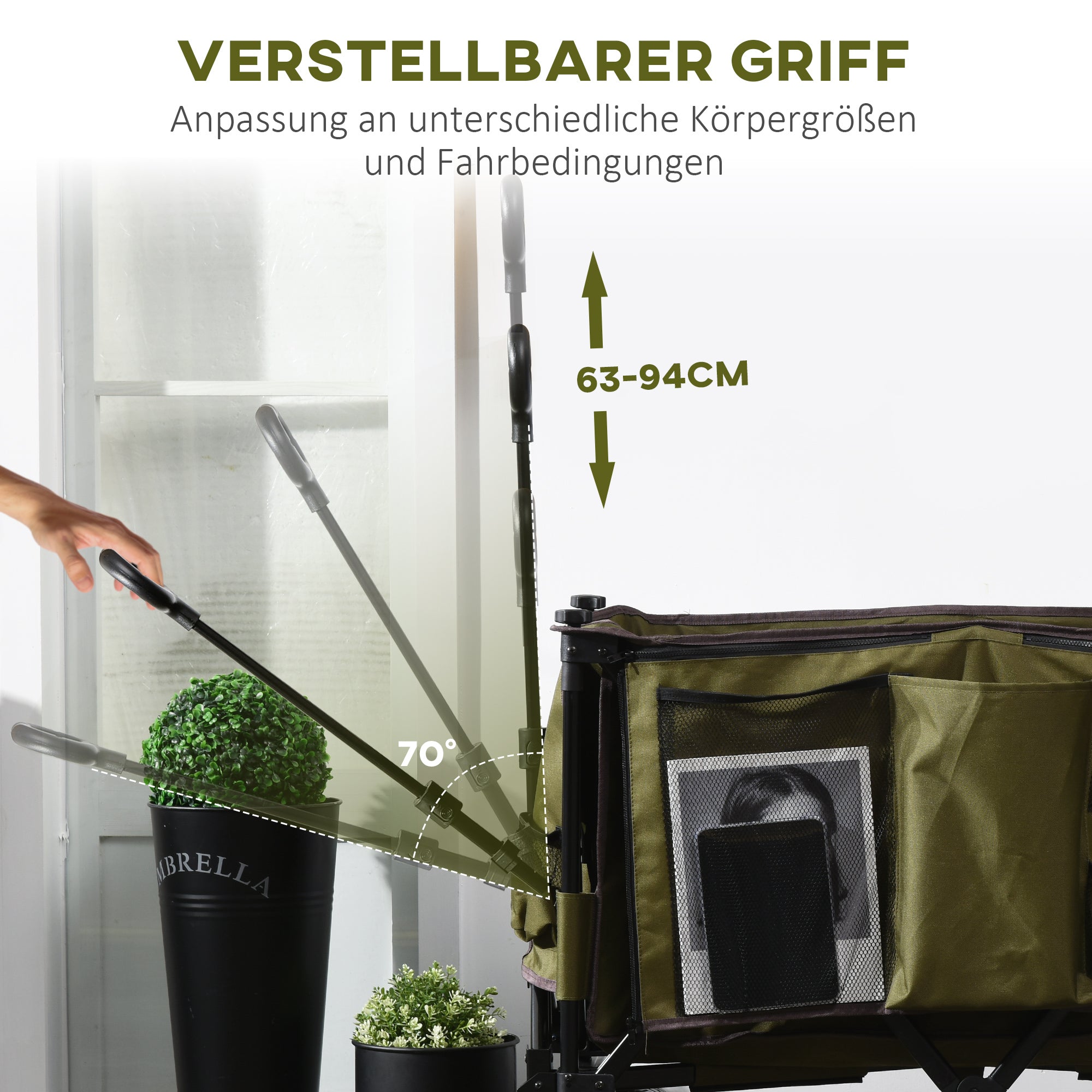Outsunny Bollerwagen, klappbar, 7 Seitentaschen, verstellbarer Griff, bis 120 kg, Stahl, grün, 100 x 48 x 100,5 cm