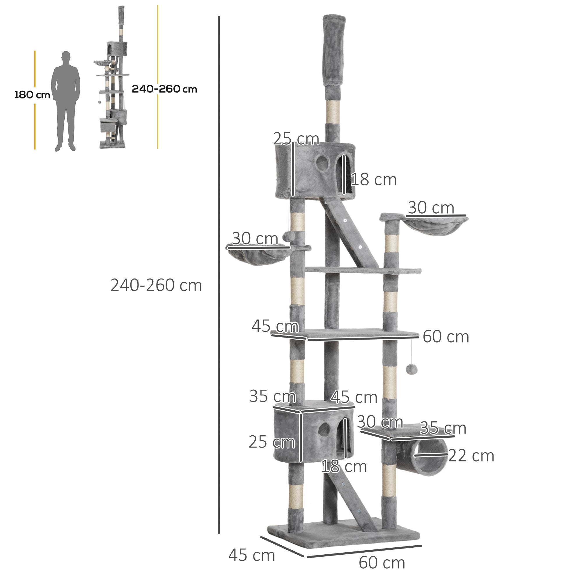 PawHut Katzenkratzbaum 240-260 cm Deckenhoch Kratzbaum groß Kletterbaum Katze Kratzbaum für große Katzen mit Sisalseil Hellgrau
