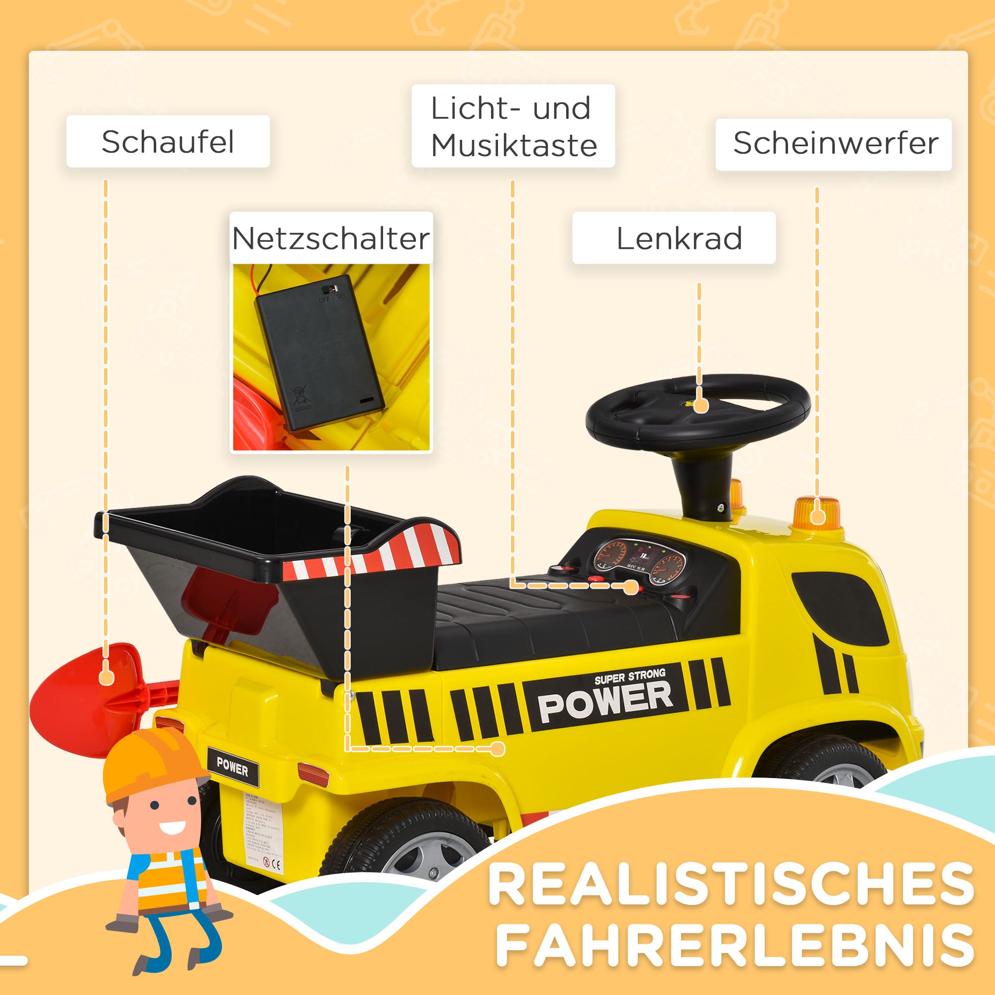 HOMCOM Sitzbagger für Kinder Rutscherfahrzeug mit Kippen Eimer und Schaufel Fuß Rutscherauto unter Sitz Lagerung für Baby 18-36 Monaten Metall PP-Kunststoff Gelb 72 x 28,2 x 42 cm