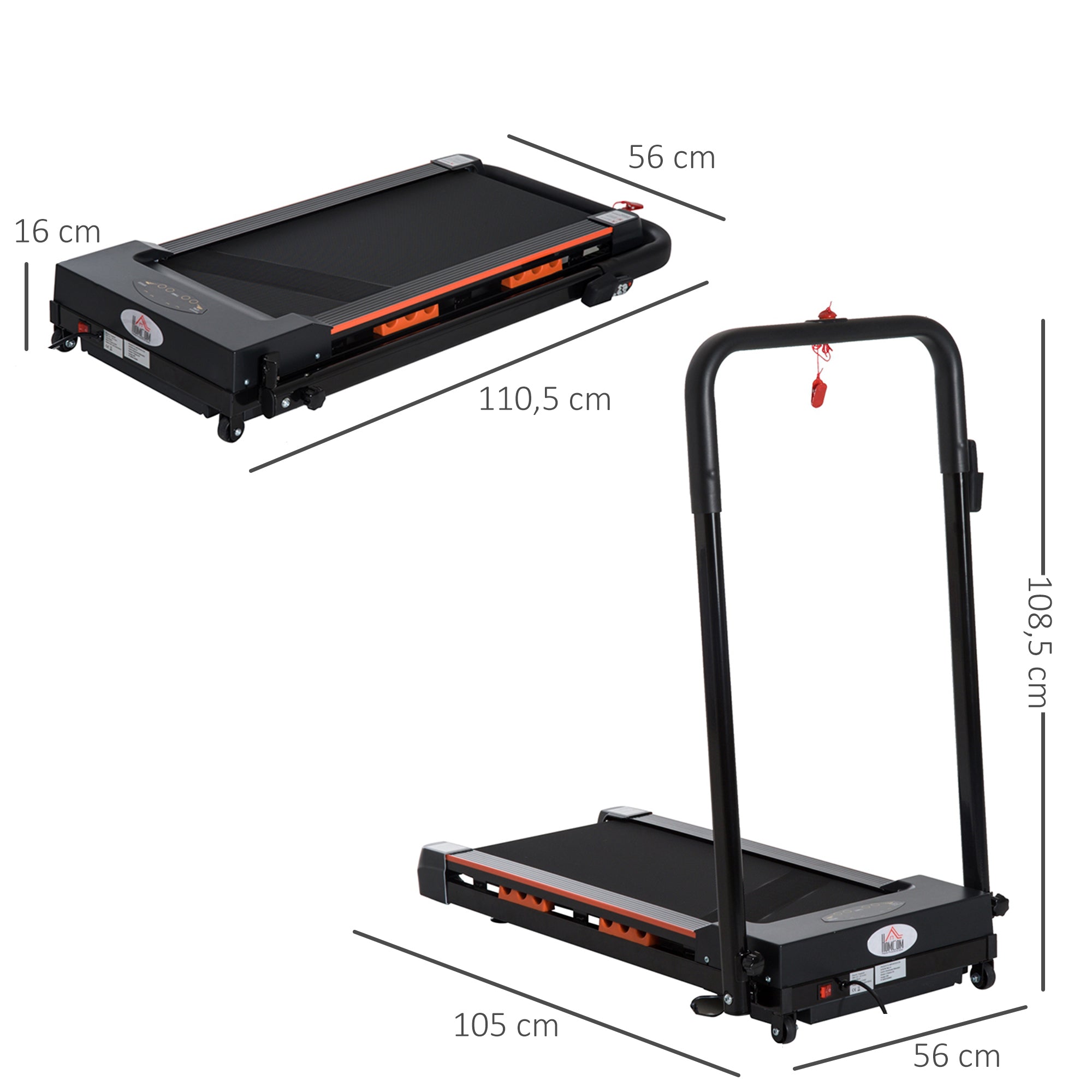 HOMCOM Elektrisches Laufband für Zuhause mit LCD Display, Faltbares Fitnessgerät, 1-6 Km/h, Stahl, Schwarz, 105 x 56 x 108,5 cm