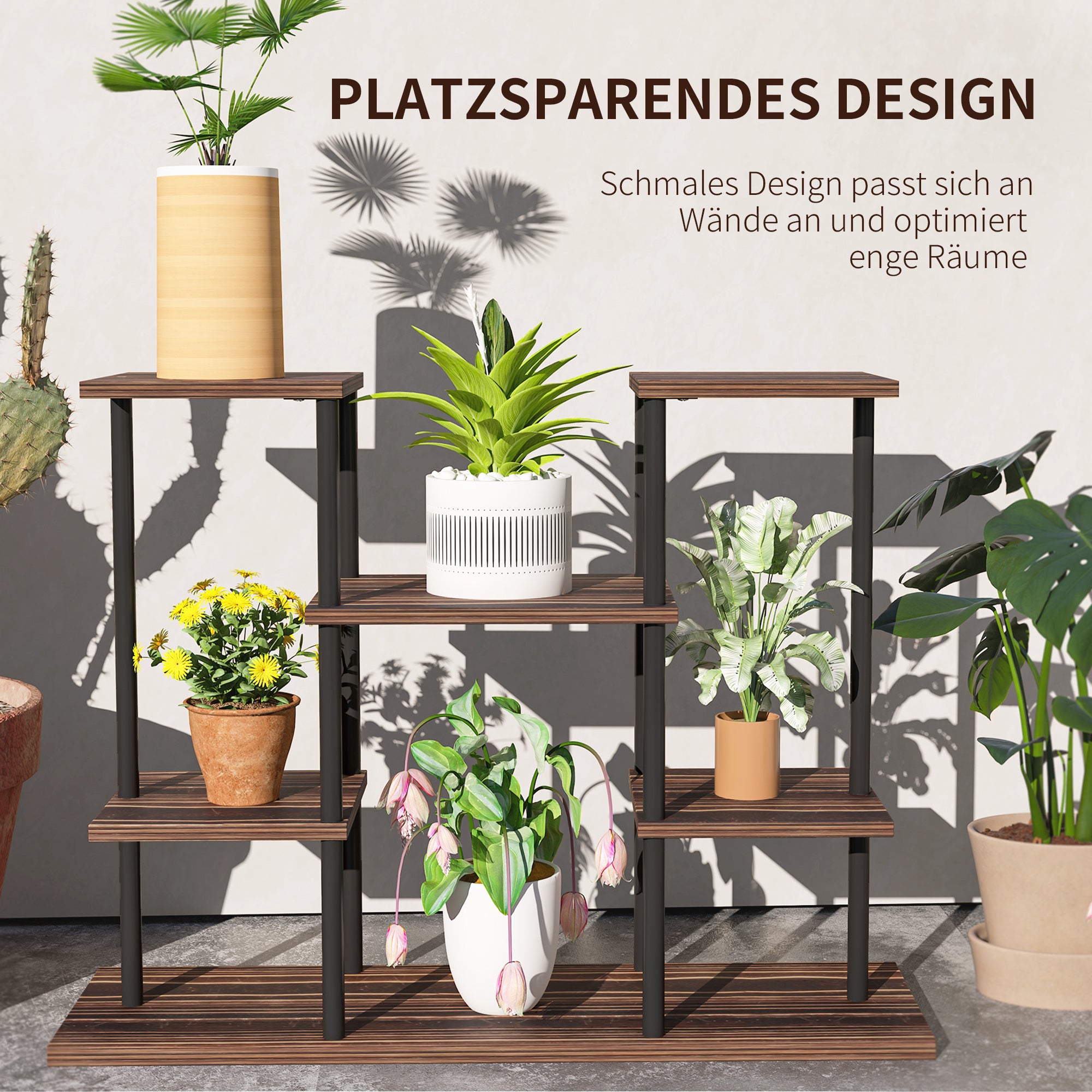 Outsunny Blumenständer mit 4 Ebenen, 4-stufiger Pflanzenständer, Blumentopfhalter für drinnen und draußen, Holz, Stahl
