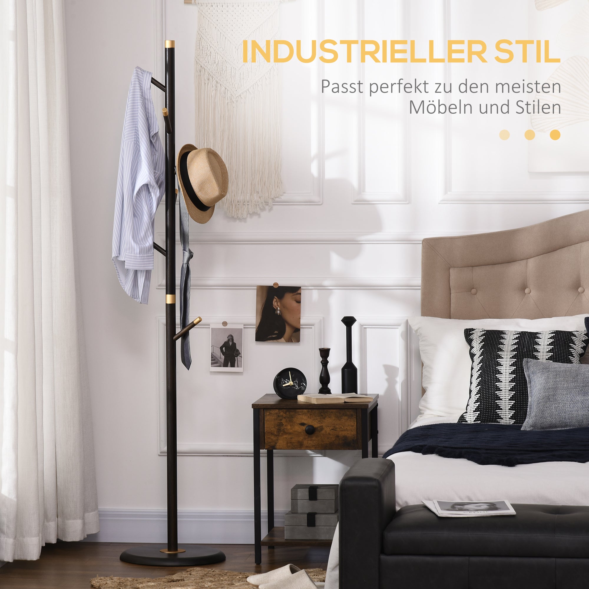 HOMCOM Garderobenständer, Kleiderständer, 6 Haken, Walnuss